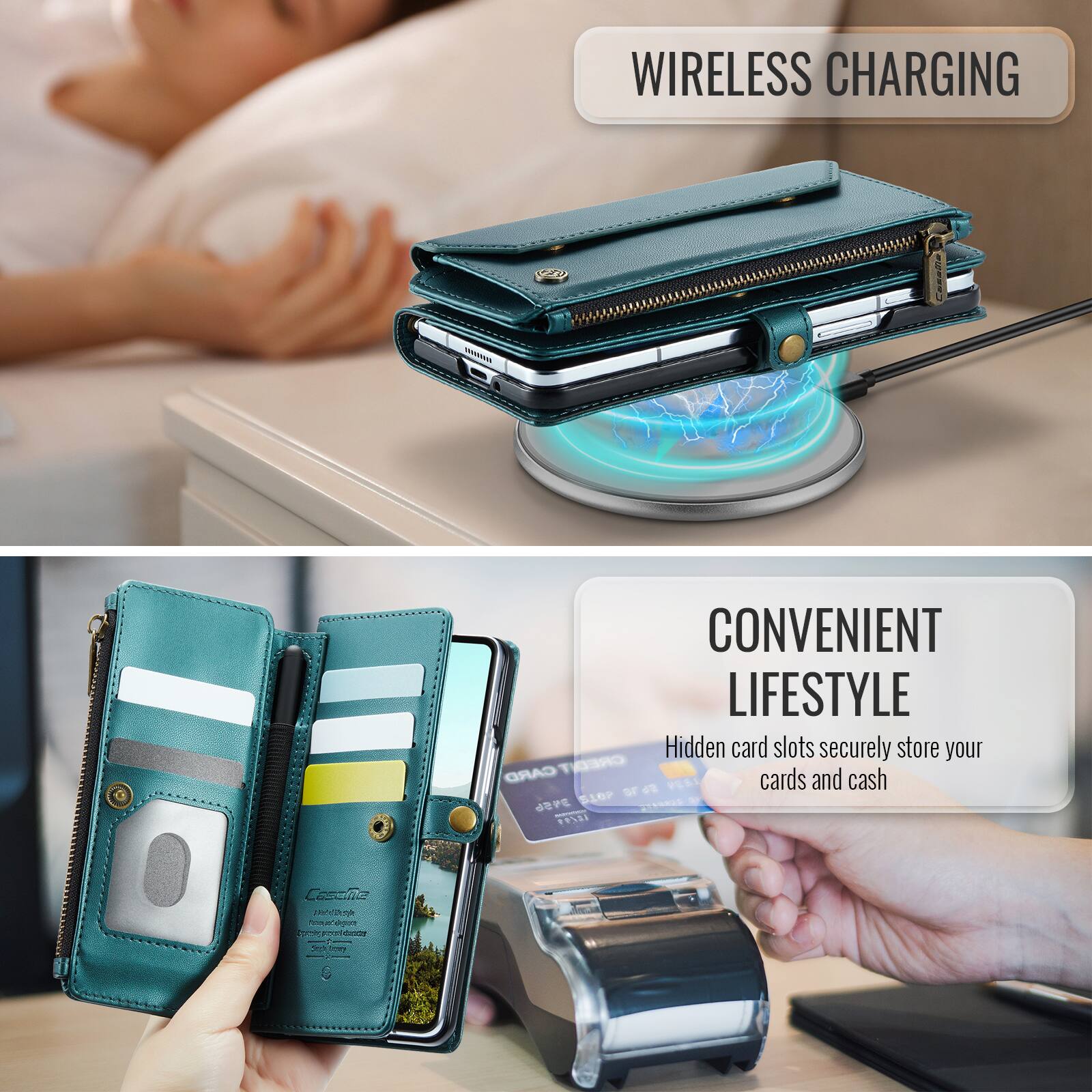 WIRELESS CHARGING

CONVENIENT LIFESTYLE

Hidden card slots securely store your CARD CREDIT