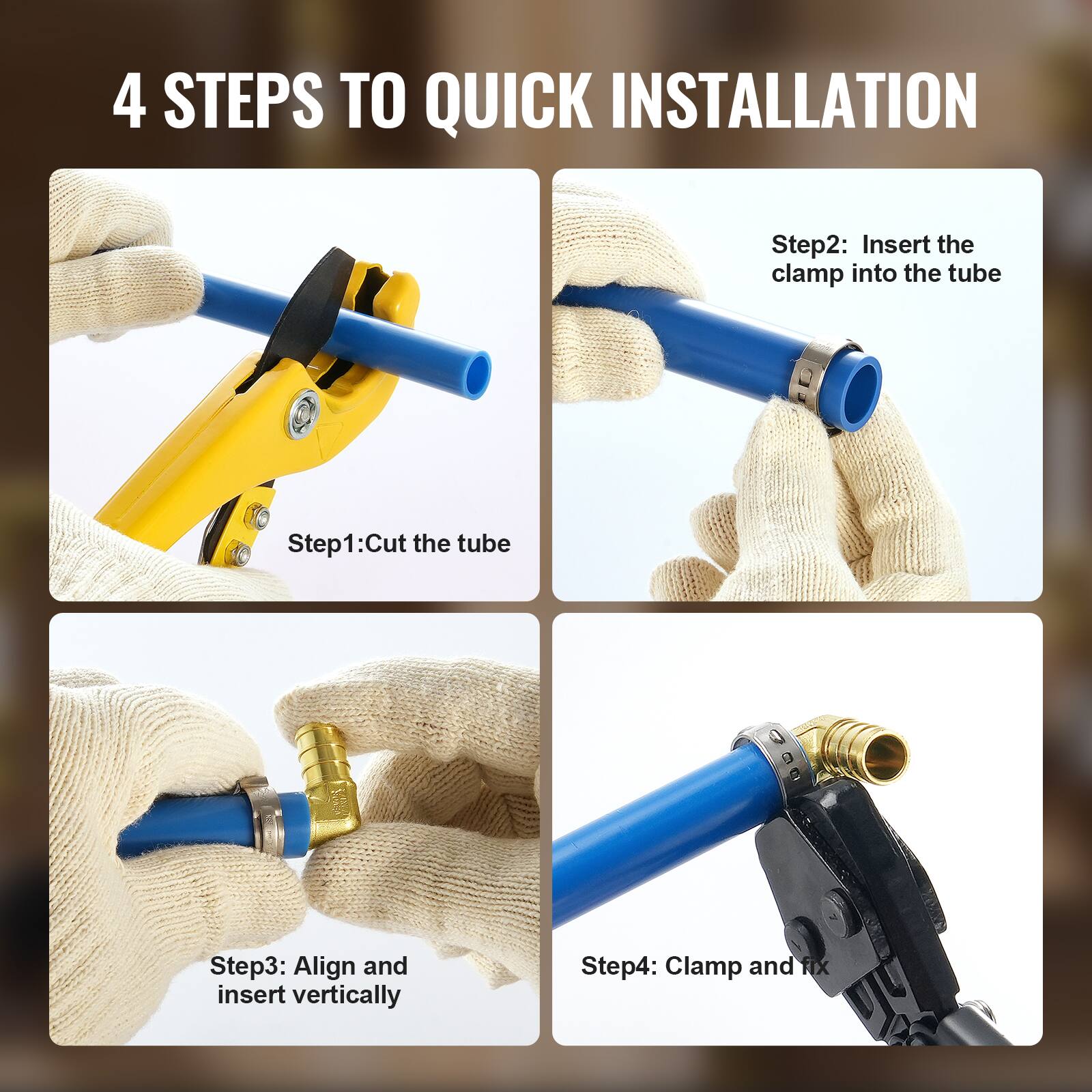4 STEPS TO QUICK INSTALLATION

Step1: Cut the tube

Step2: Insert the clamp into the tube

Step3: Align and insert vertically

Step4: Clamp and fix
