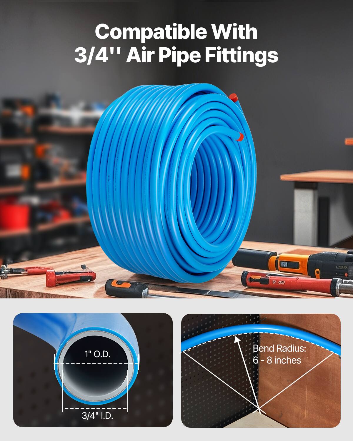 Compatible With 3/4" Air Pipe Fittings

1" O.D.

3/4" I.D.

Bend Radius: 6 - 8 inches