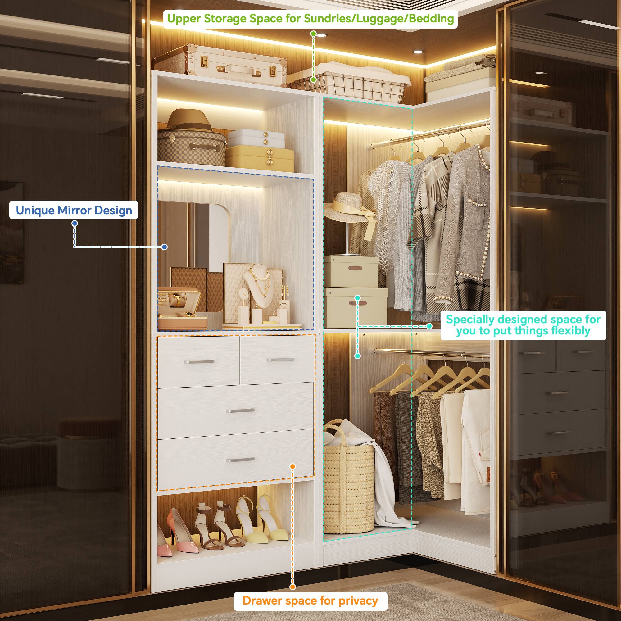 Upper Storage Space for Sundries/Luggage/Bedding  
Unique Mirror Design  
Specially designed space for you to put things flexibly  
Drawer space for privacy