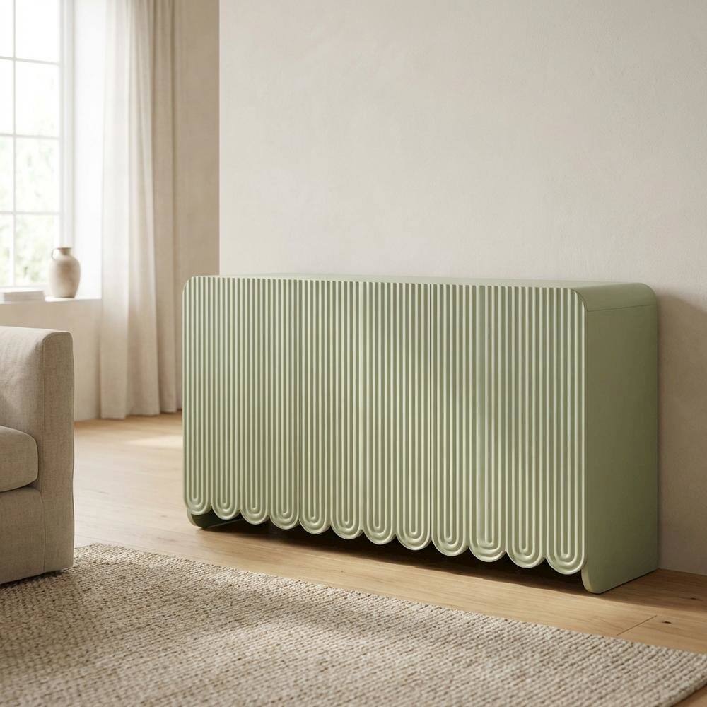 Left. FurniFact - Scalloped And Fluted Storage Cabinet With Elegant Design In Neutral Finish - Green.