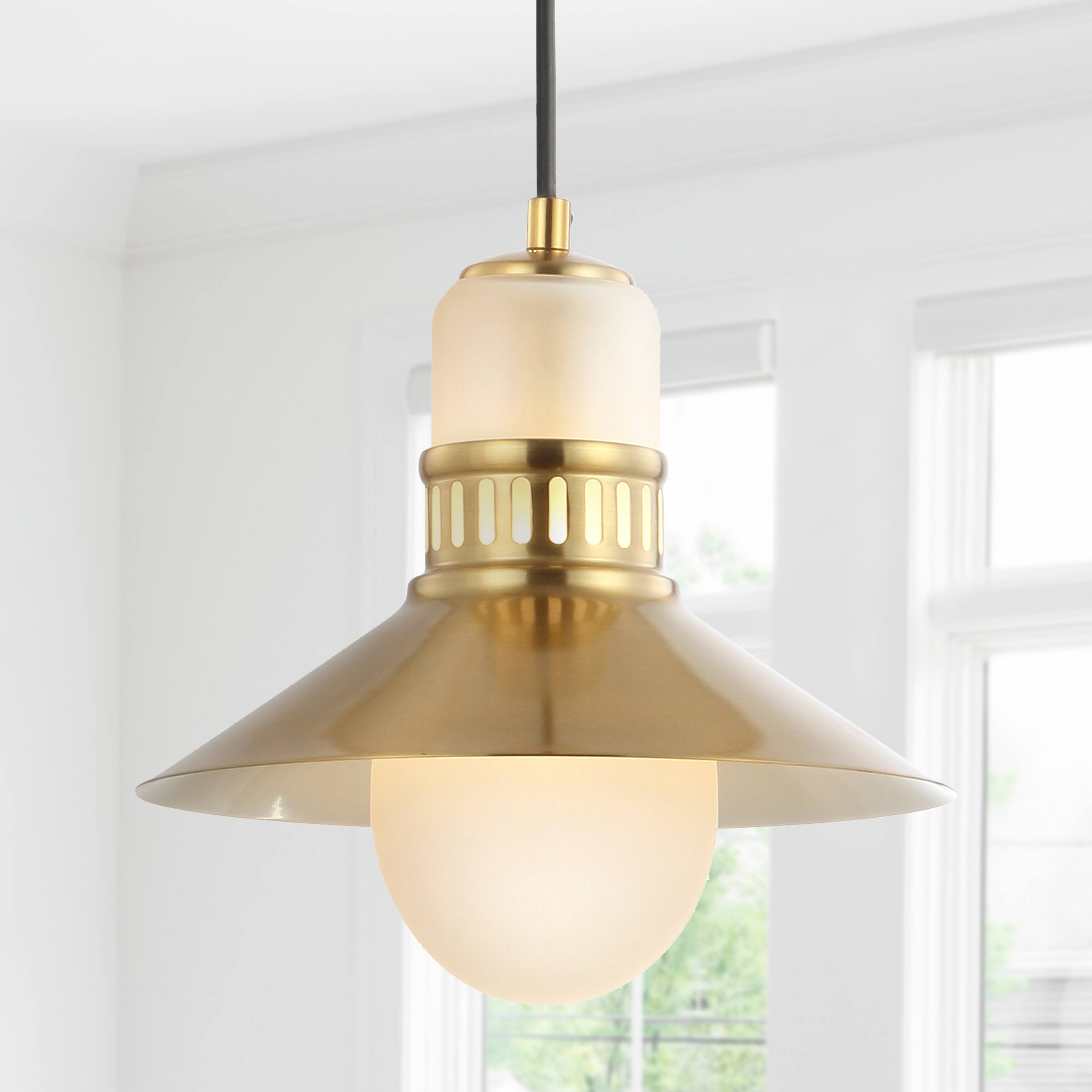 Alt View 1. Jonathan Y - Colin 9.75" Adjustable Iron/Glass Retro Hurricane LED Pendant, Brass Gold - Brass Gold.