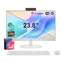 HP - Upgraded - 23.8" FHD Touch All-in-One - AMD Ryzen 7 7730U - 64GB RAM 1TB SSD - Wireless K&M - Copilot - Adata 64GB USB Drive - White