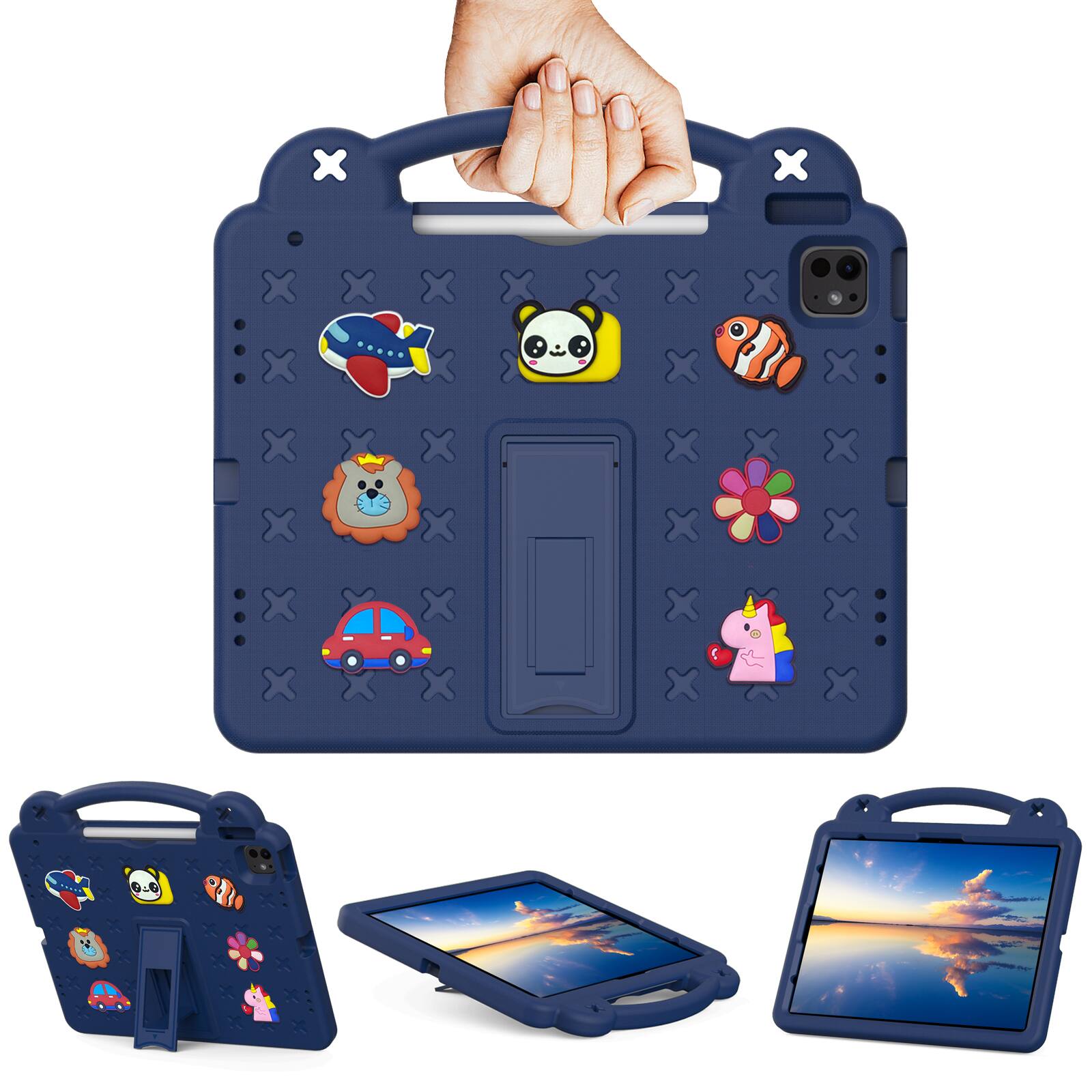 Angle. UUCOVER - Kids Case for iPad Air 13-inch M4 M3 M2 (2026/2025/2024),Shockproof EVA Case Handle Adjustable Stand Cover - Navyblue.