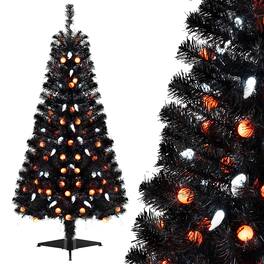 Costway - 4.5 FT Artificial Halloween Tree with 281 Branch Tips 65 Orange Pumpkin Lights - Black
