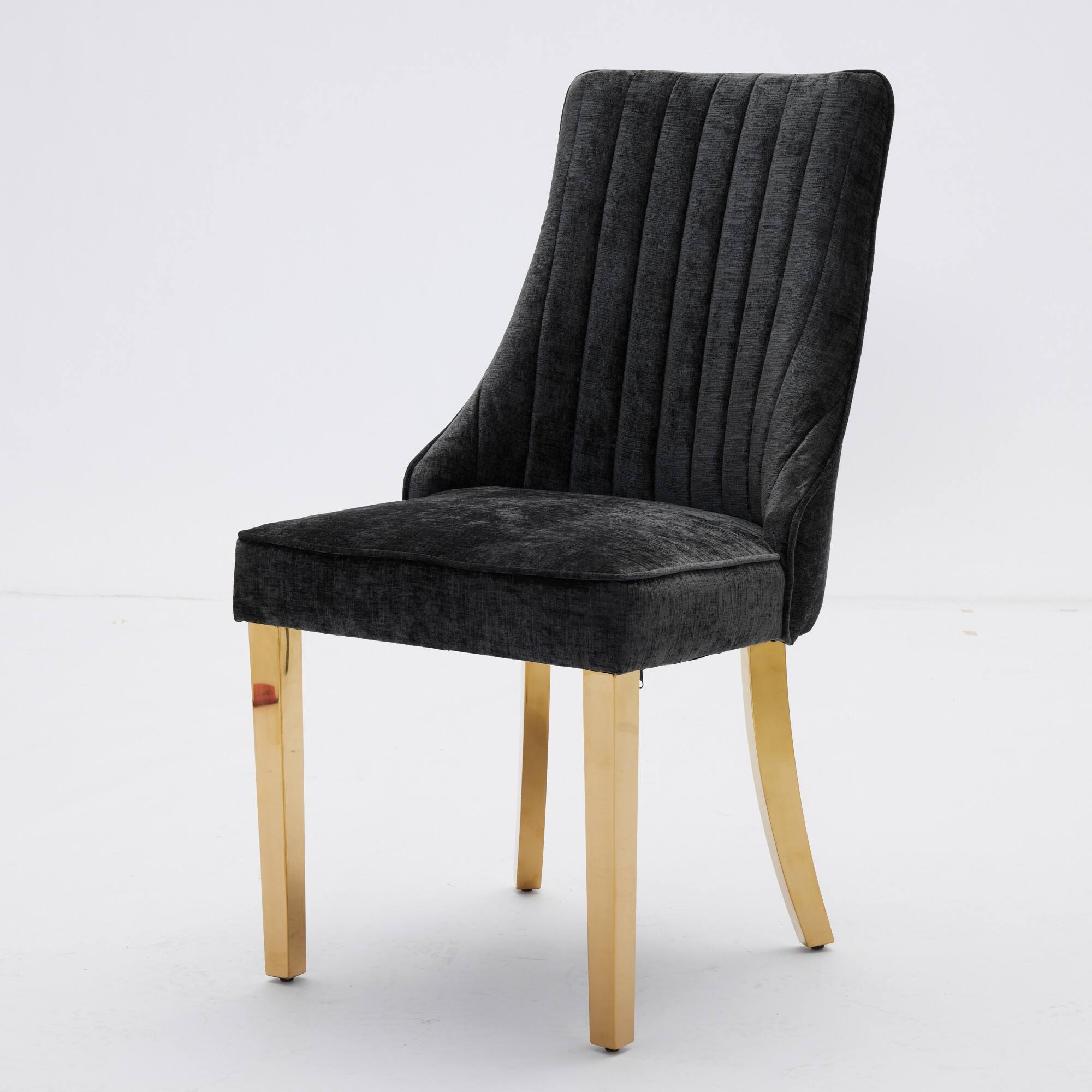 Alt View 4. Tiramisubest - 2-Piece Rayon Cloth Flocking Chenille Dining Chairs,Fabric Upholstered Chair with Golden Stainless Steel Legs(Black) - Black.