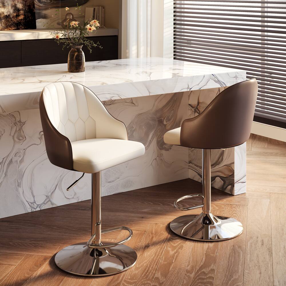 Front. POVISON - Modern Adjustable Height Bar Stools Set of 2, Leather Bar Stools with Backs, Upholstered Bar Stools, Beige & Brown - Brown PU Leather.