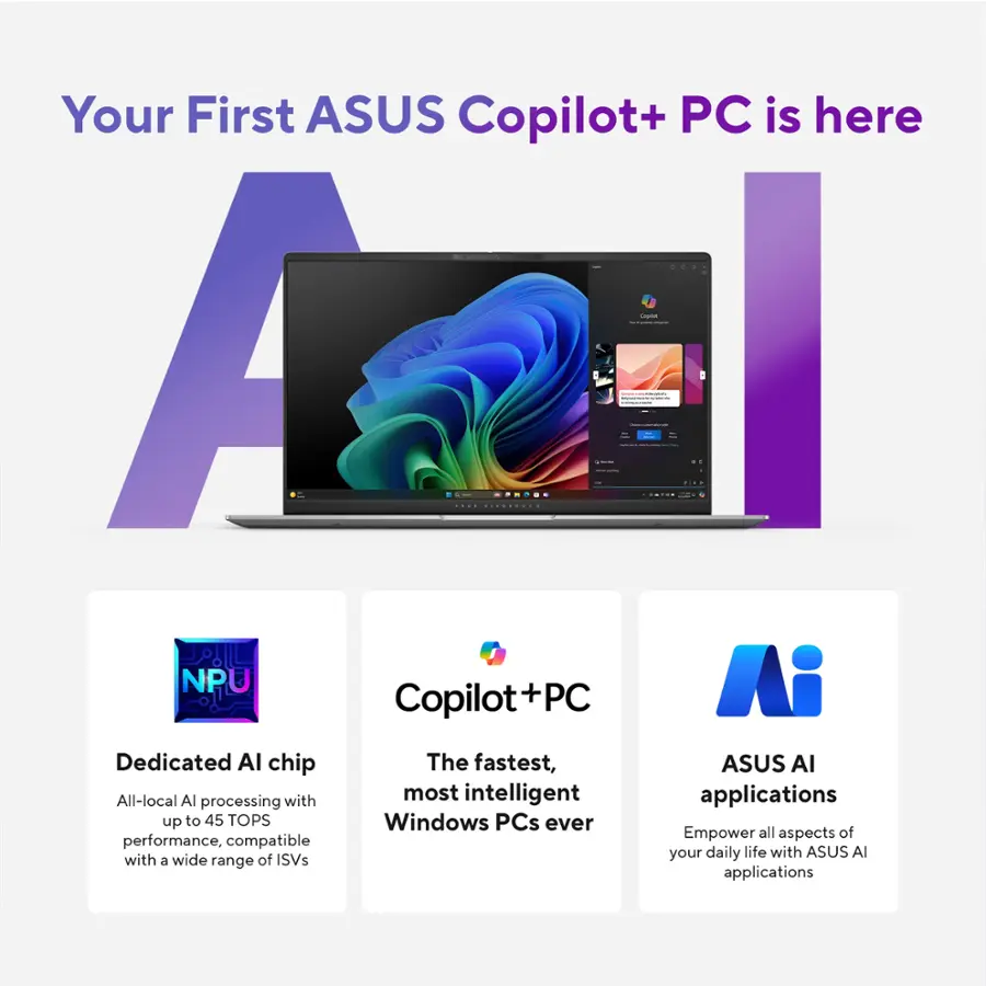 Your First ASUS Copilot+ PC is here - AI Dedicated Chip - The fastest, most intelligent applications processing up to 45 TOPS - Windows PCs ever - Empower all aspects of performance, compatible with your daily life with ASUS AI and a wide range of ISVs applications.