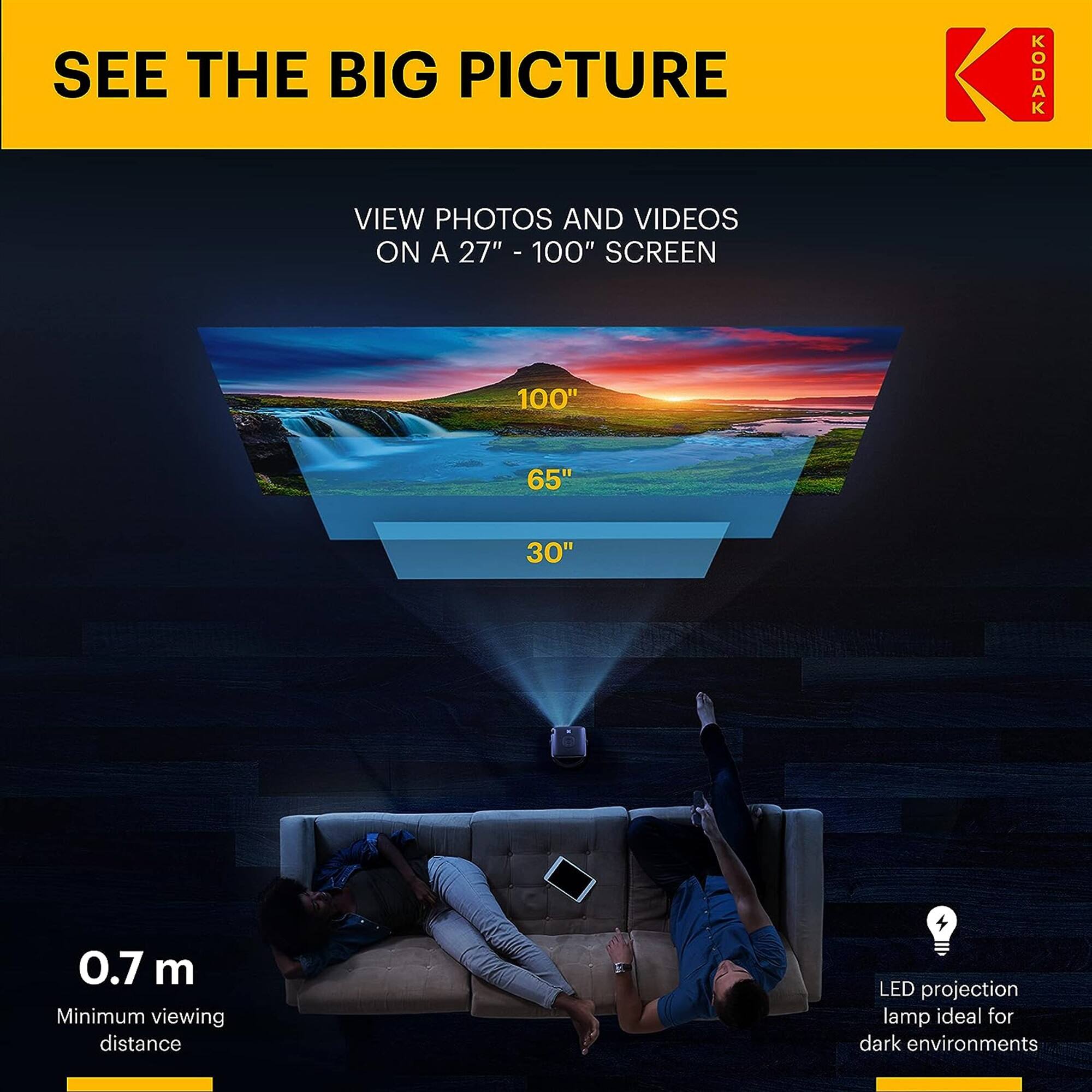 SEE THE BIG PICTURE KODAK VIEW PHOTOS AND VIDEOS ON A 27" - 100" SCREEN 100" 65" 30" 0.7 m Minimum viewing distance LED projection lamp ideal for dark environments