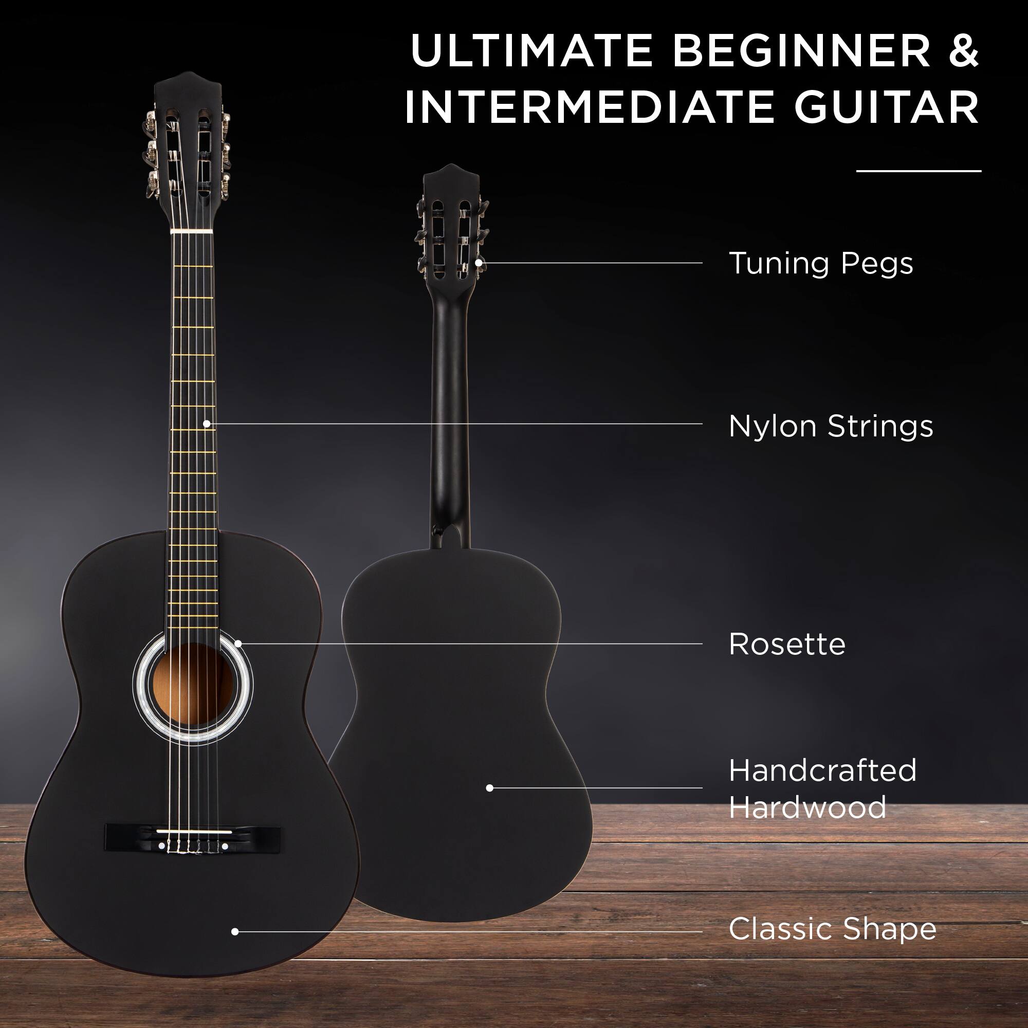 ULTIMATE BEGINNER & INTERMEDIATE GUITAR

- Tuning Pegs
- Nylon Strings
- Rosette
- Handcrafted Hardwood
- Classic Shape