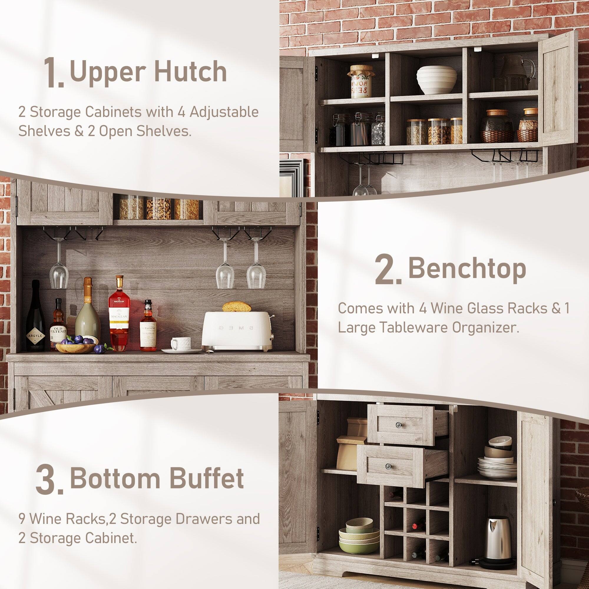 1. Upper Hutch  
2 Storage Cabinets with 4 Adjustable Shelves & 2 Open Shelves.

2. Benchtop  
Comes with 4 Wine Glass Racks & 1 Large Tableware Organizer.

3. Bottom Buffet  
9 Wine Racks, 2 Storage Drawers and 2 Storage Cabinet.