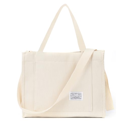 Front. Vulpecula Spade - Corduroy Tote Bag for Women Travel Crossbody Bag Purse Women Shoulder Bags Work Handbags Everyday Hobo Bag - Beige.