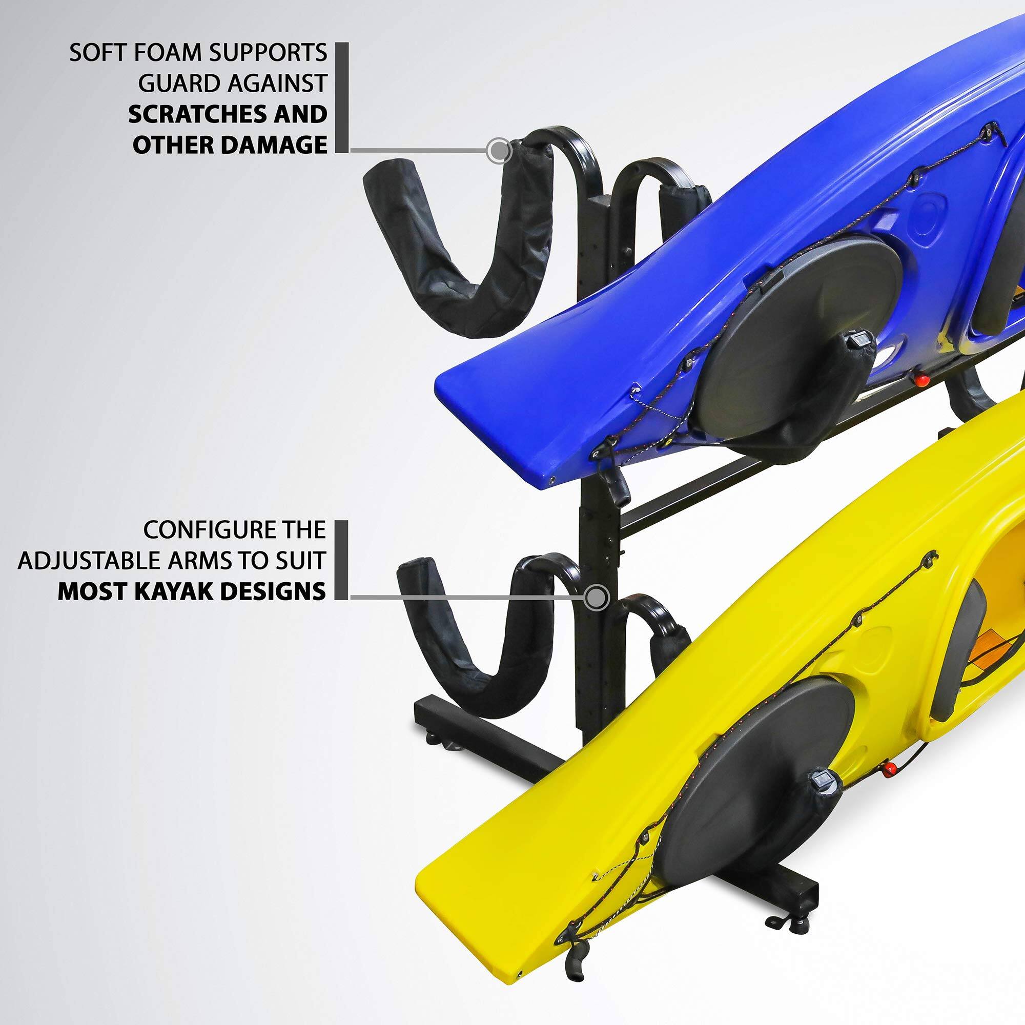 SOFT FOAM SUPPORTS  
GUARD AGAINST  
SCRATCHES AND  
OTHER DAMAGE  

CONFIGURE THE  
ADJUSTABLE ARMS TO SUIT  
MOST KAYAK DESIGNS