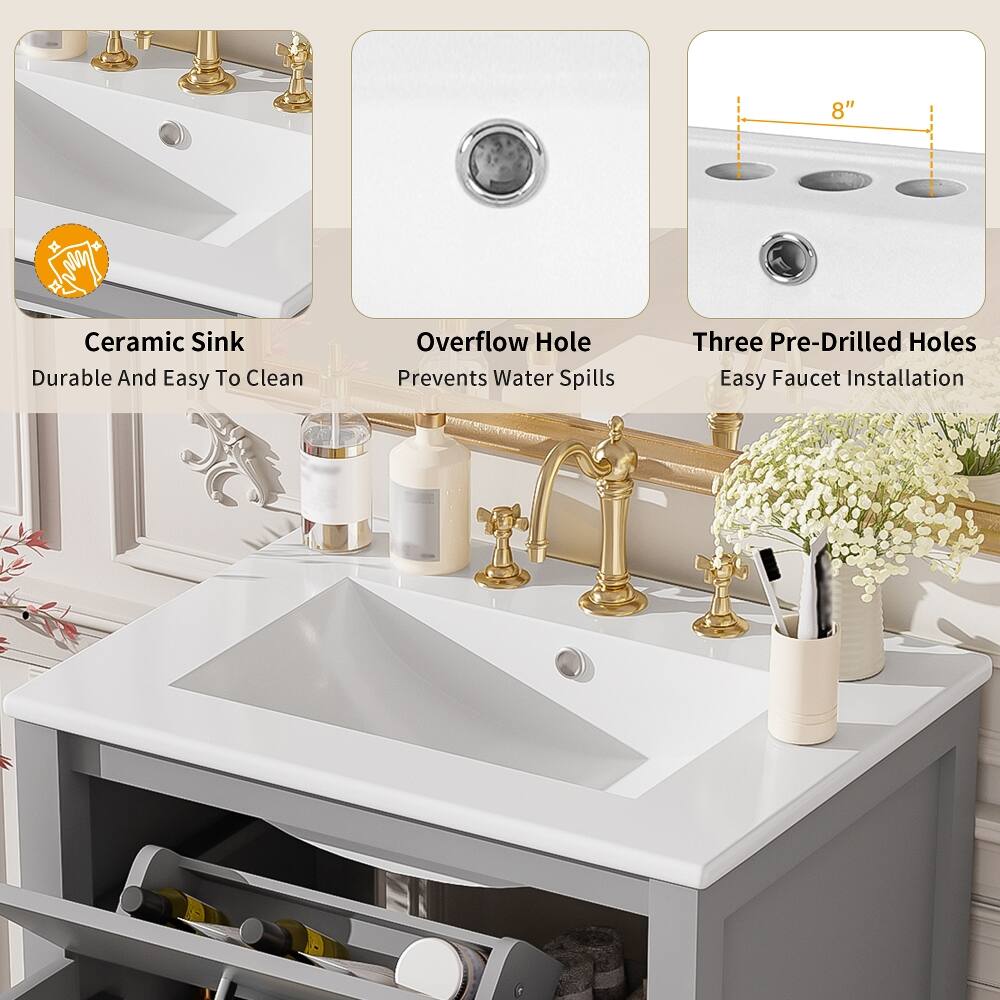 8" Ceramic Sink Durable And Easy To Clean
Overflow Hole Prevents Water Spills
Three Pre-Drilled Holes Easy Faucet Installation