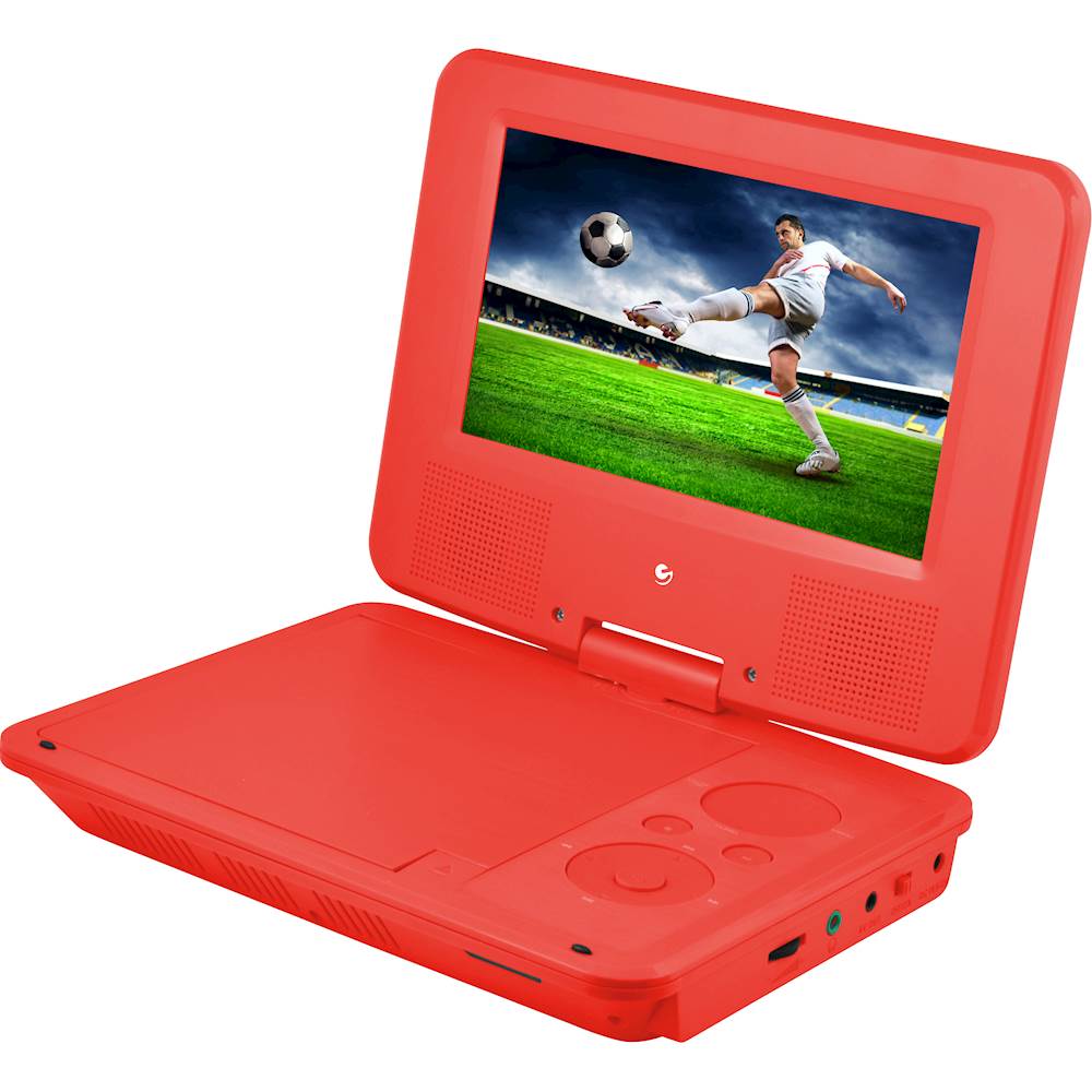 Portable DVD player in leather carrying case with built-in