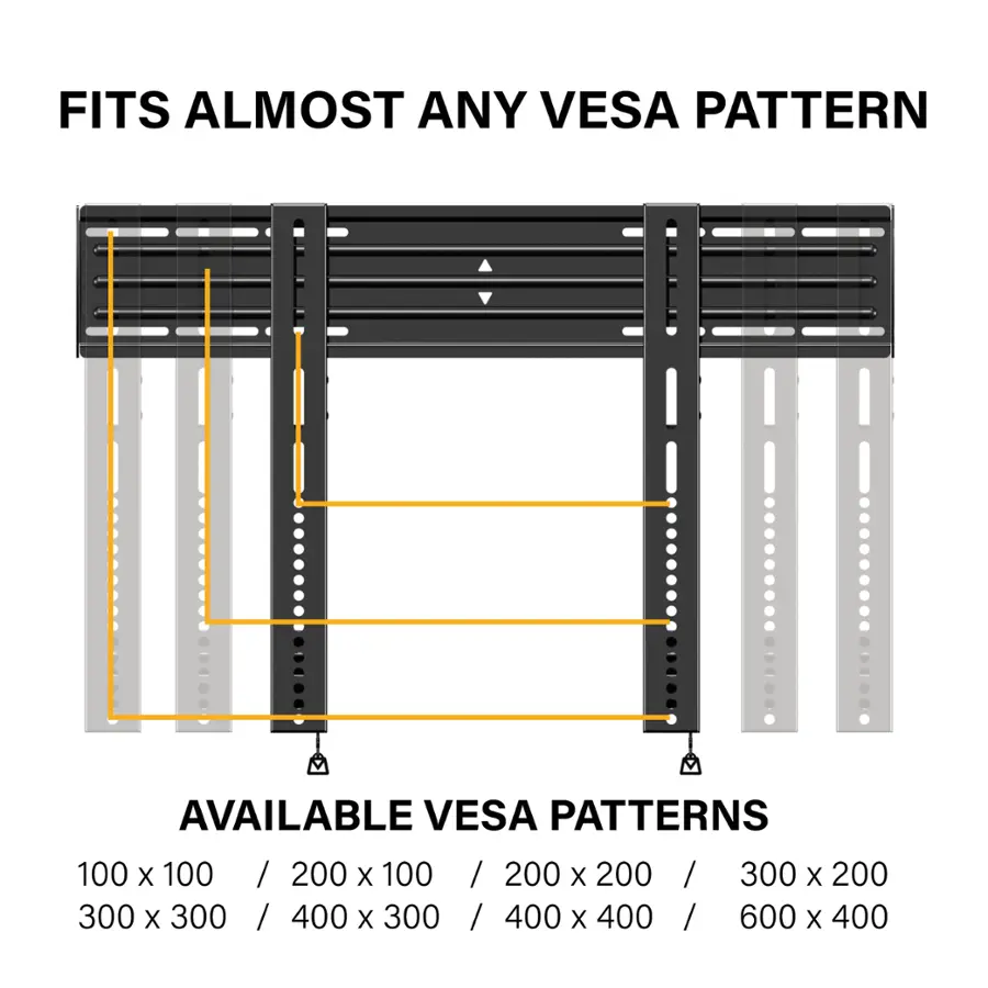 Fits Almost Any VESA Pattern Available VESA Patterns:
100 x 100
200 x 100
200 x 200
300 x 100
300 x 200
400 x 100
400 x 200
600 x 400
800 x 400
100 x 200
200 x 200
300 x 300
400 x 300
600 x 300
800 x 300
100 x 300
200 x 300
300 x 400
400 x 400
600 x 400
800 x 400
100 x 400
200 x 400
300 x 500
400 x 500
600 x 500
800 x 500
100 x 500
200 x 500
300 x 600
400 x 600
600 x 600
800 x 600
100 x 600
200 x 600
300 x 700
400 x 700
600 x 700
800 x 700
100 x 700
200 x 700
300 x 800
400 x 800
600 x 800
800 x 800
100 x 800
200 x 800
300 x 900
400 x 900
600 x 900
800 x 900
100 x 900
200 x 900
300 x 1000
400 x 10