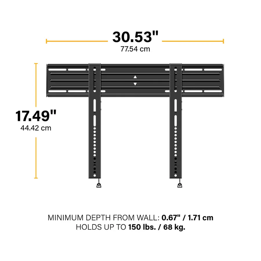 The text on the image reads: "30.53" 77.54 cm 17.49" 44.42 cm MINIMUM DEPTH FROM WALL: 0.67" 1.71 cm HOLDS UP TO 150 lbs. 68 kg."