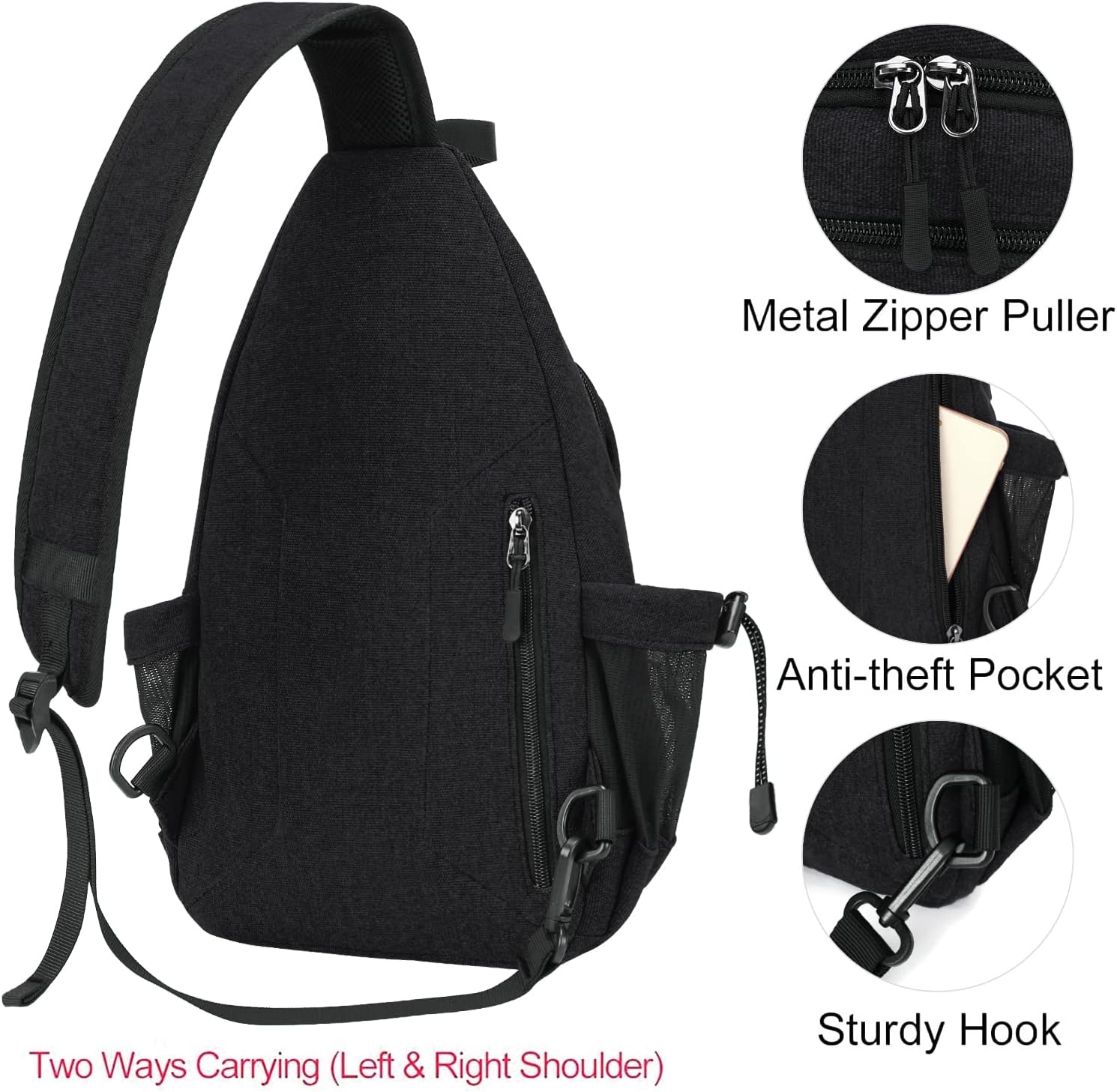 Metal Zipper Puller  
Anti-theft Pocket  
Two Ways Carrying (Left & Right Shoulder)  
Sturdy Hook