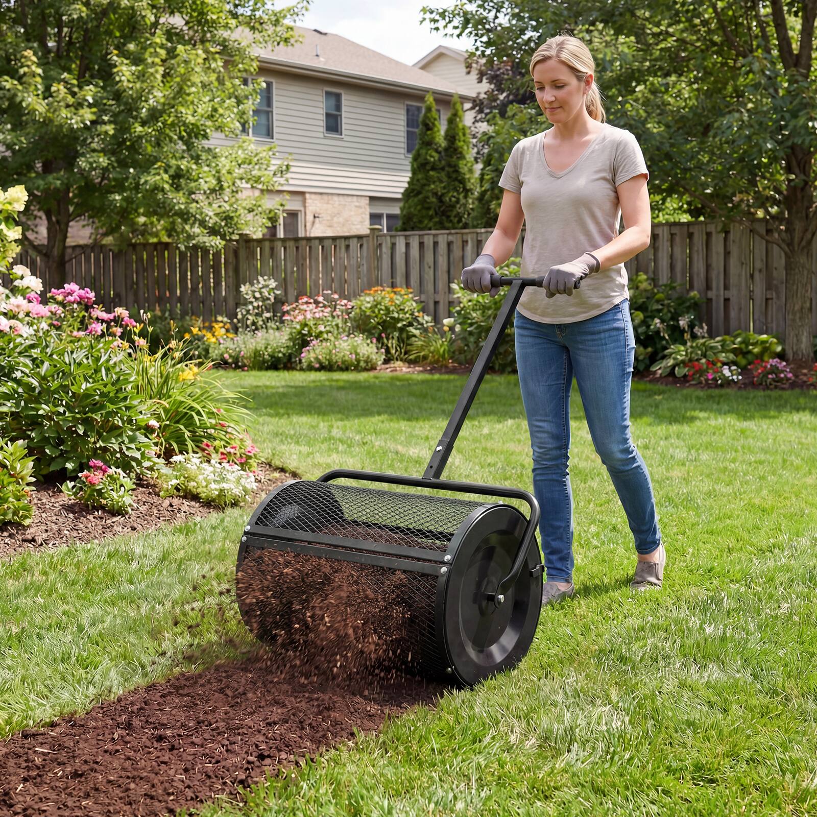 Alt View 1. Gymax - Gymax Compost SpreaderPeat Moss Spreader Roller w/Height-adjustable T-shape Handle Black - Black.