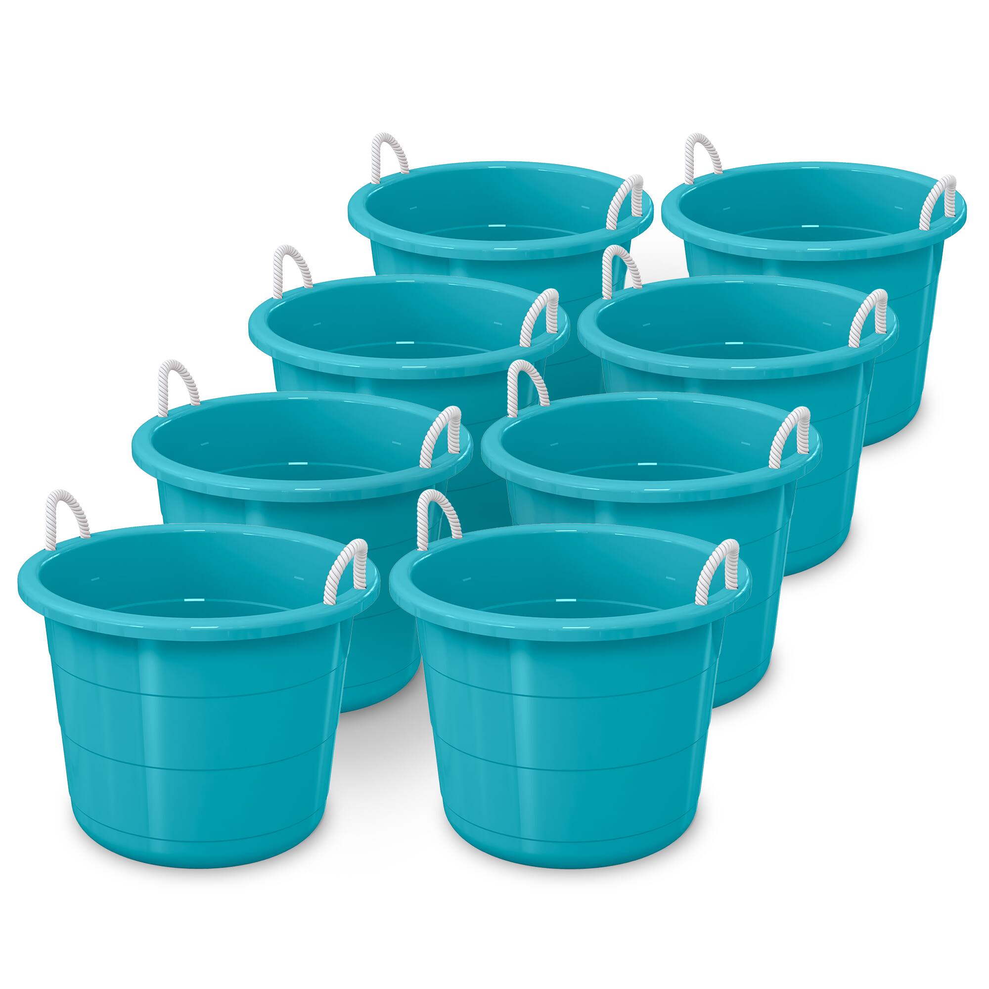 Front. Life Story - Life Story 17 Gallon Round Open Storage Bucket with Rope Handles, Teal, 8 Pack - Teal.