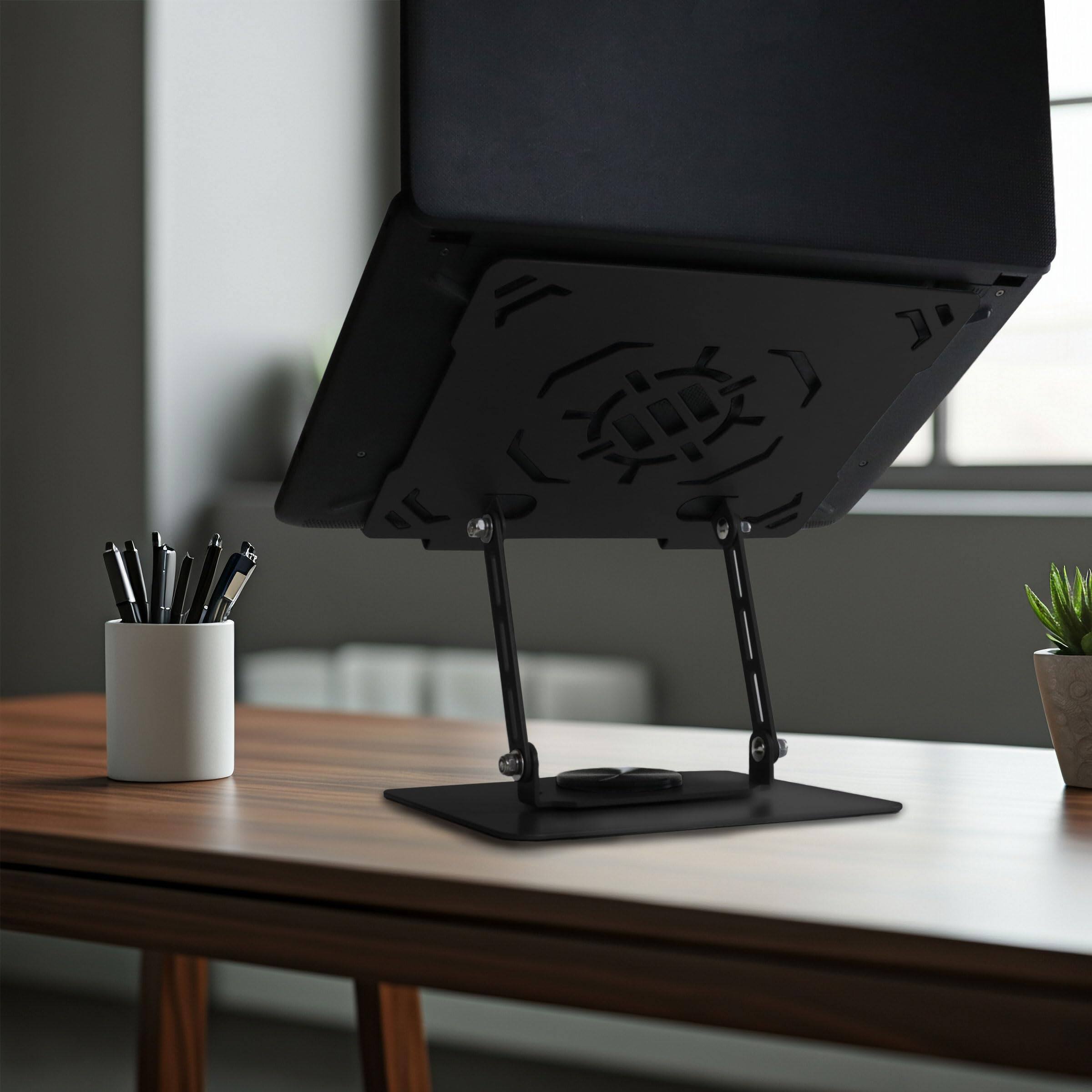 Alt View 2. HongFei - R1 Rotating Laptop Stand with 3 Cable Holders - Adjustable Laptop Riser for Desk, Metal Foldable Stand - Black - Black.