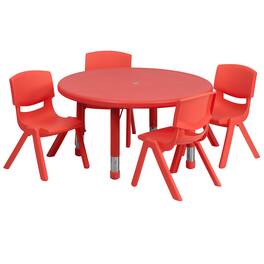 Emma + Oliver - 33" Round Plastic Height Adjustable Activity Table Set with 4 Chairs - Red