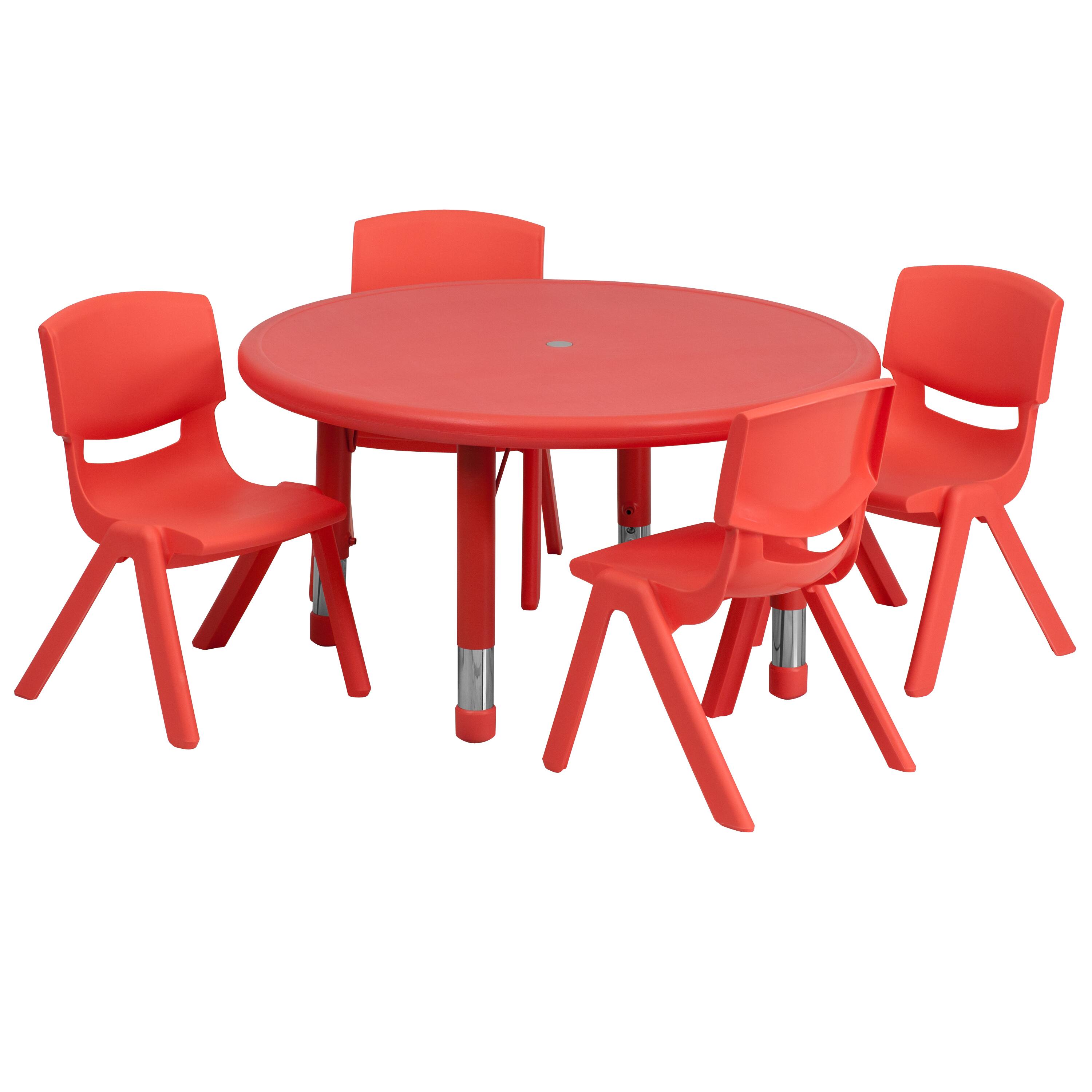 Front. Emma + Oliver - 33" Round Plastic Height Adjustable Activity Table Set with 4 Chairs - Red.