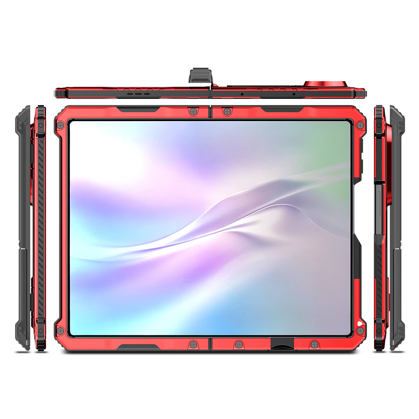 Angle. Dteck - Rugged Case for Samsung Galaxy Z Fold8 with Screen Protector, Heavy Duty Full Body Protection Hidden Hinge Stand - Red.