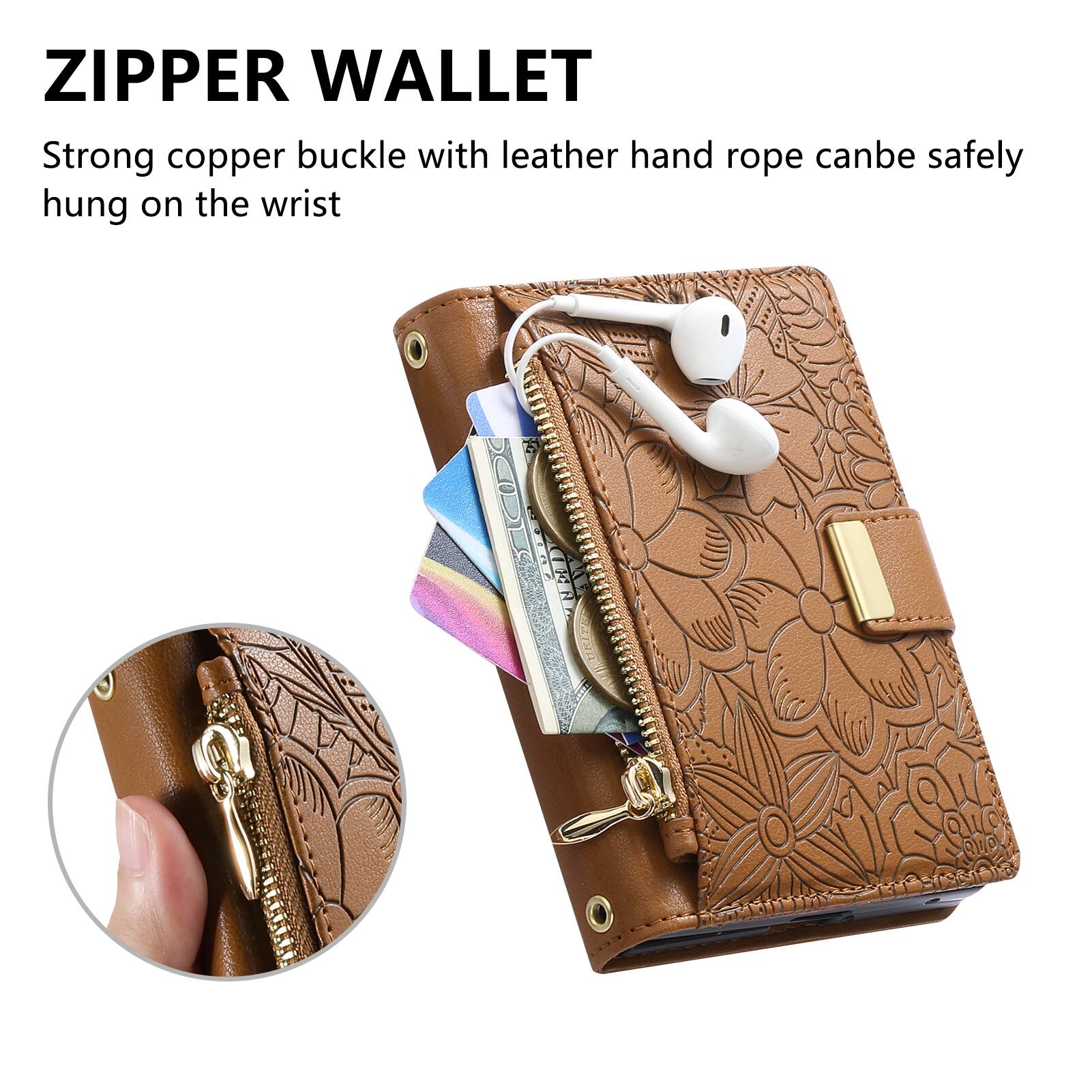 ZIPPER WALLET

Strong copper buckle with leather hand rope can be safely hung on the wrist