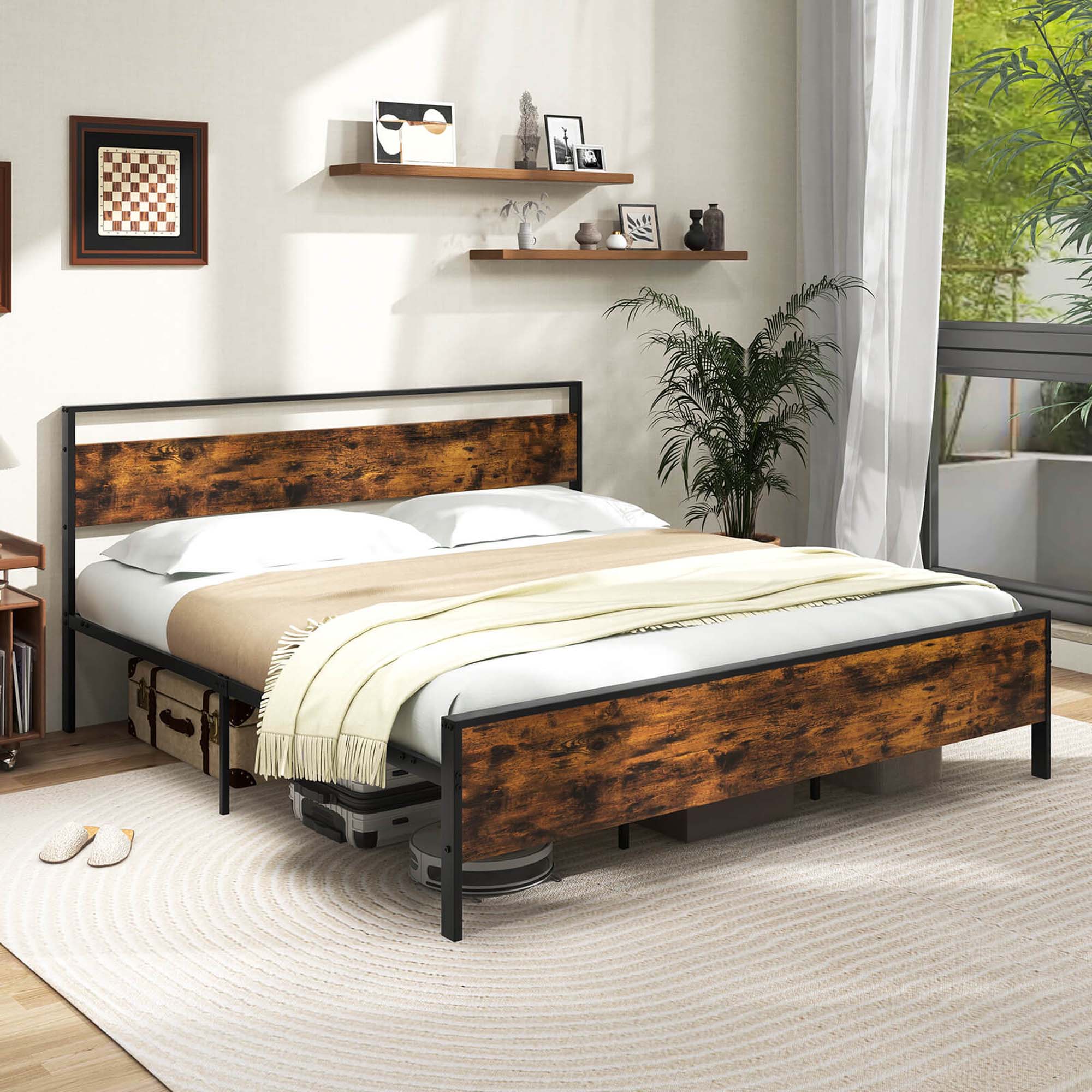Back. Costway - King Size Bed Frame with Wooden Headboard and Footboard Under-Bed Storage - Brown.