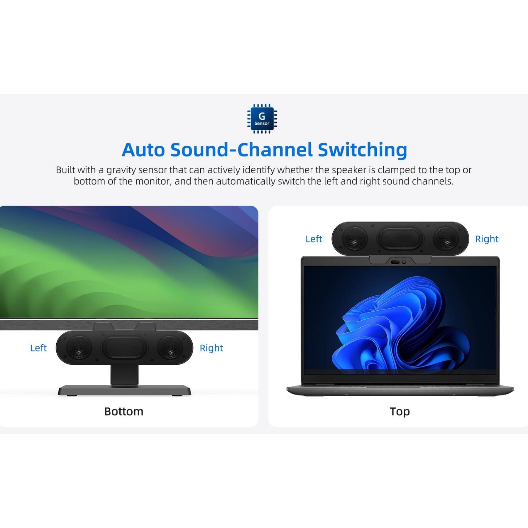 Auto Sound-Channel Switching

Built with a gravity sensor that can actively identify whether the speaker is clamped to the top or bottom of the monitor, and then automatically switch the left and right sound channels.

Left Right  
Bottom Top