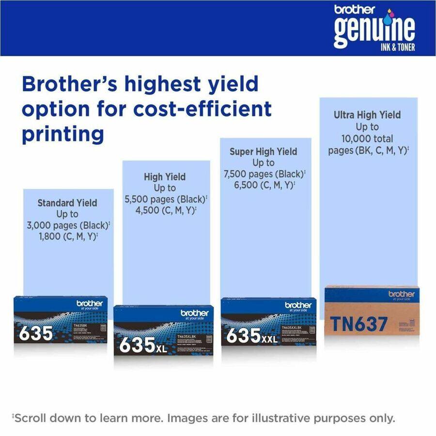 Brother's highest yield option for cost-efficient printing

- Standard Yield: Up to 3,000 pages (Black), 1,800 (C, M, Y)
- High Yield: Up to 5,500 pages (Black), 4,500 (C, M, Y)
- Super High Yield: Up to 7,500 pages (Black), 6,500 (C, M, Y)
- Ultra High Yield: Up to 10,000 total pages (BK, C, M, Y)

Scroll down to learn more. Images are for illustrative purposes only.
