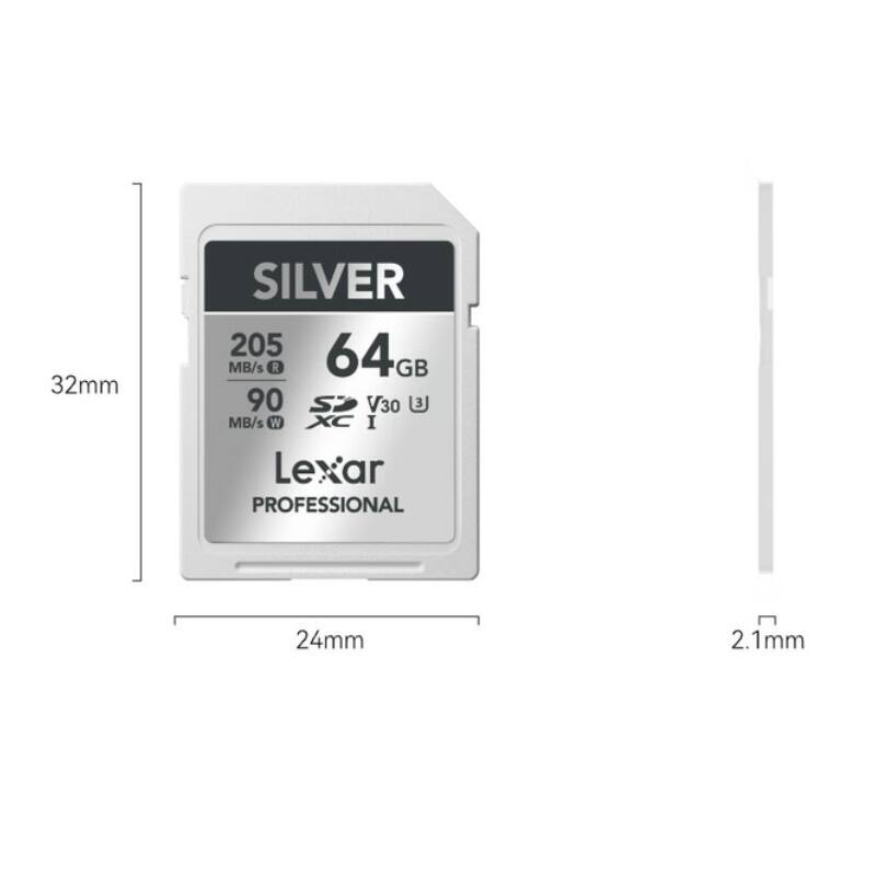 32mm SILVER 205 MB/s R 64GB 90 MB/s W V30 XC I Lexar PROFESSIONAL 24mm 2.1mm