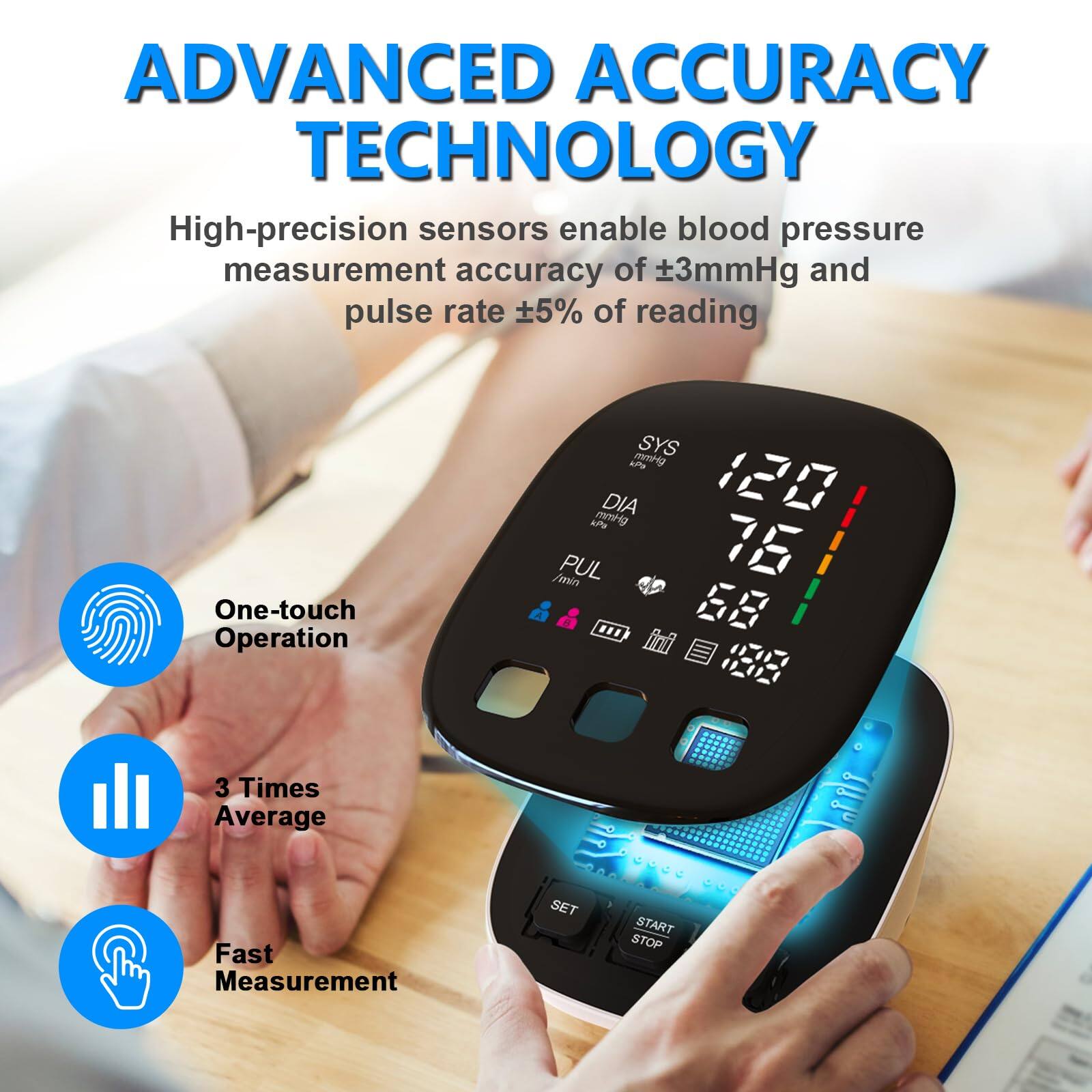 ADVANCED ACCURACY TECHNOLOGY

High-precision sensors enable blood pressure measurement accuracy of ±3mmHg and pulse rate ±5% of reading

- One-touch Operation
- 3 Times Average
- Fast Measurement

SET START STOP