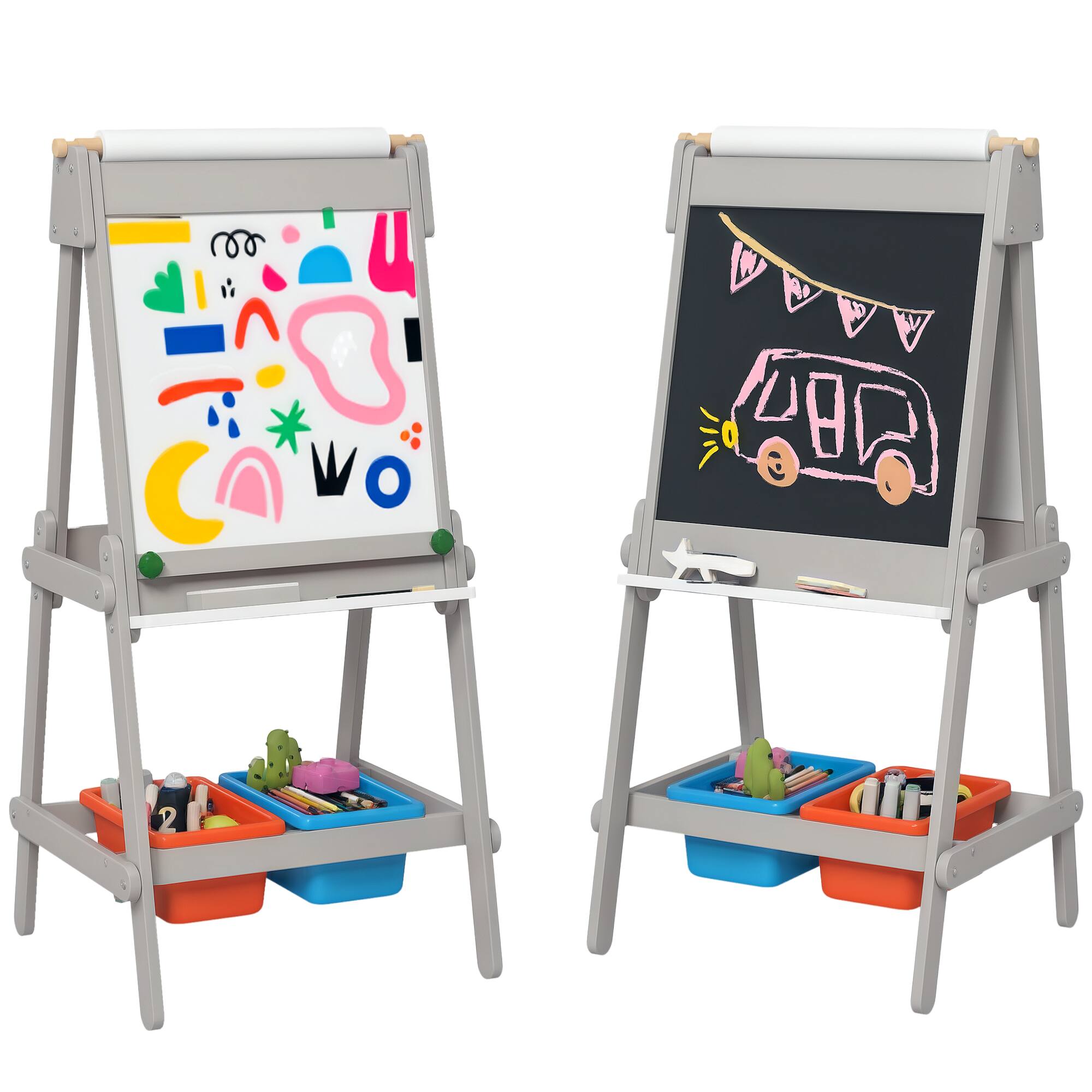 Qaba - Art Easel, Easel for Kids with Paper Roll, Double Sided Whiteboard & Chalkboard, Paper Stand, 2 Storage Boxes