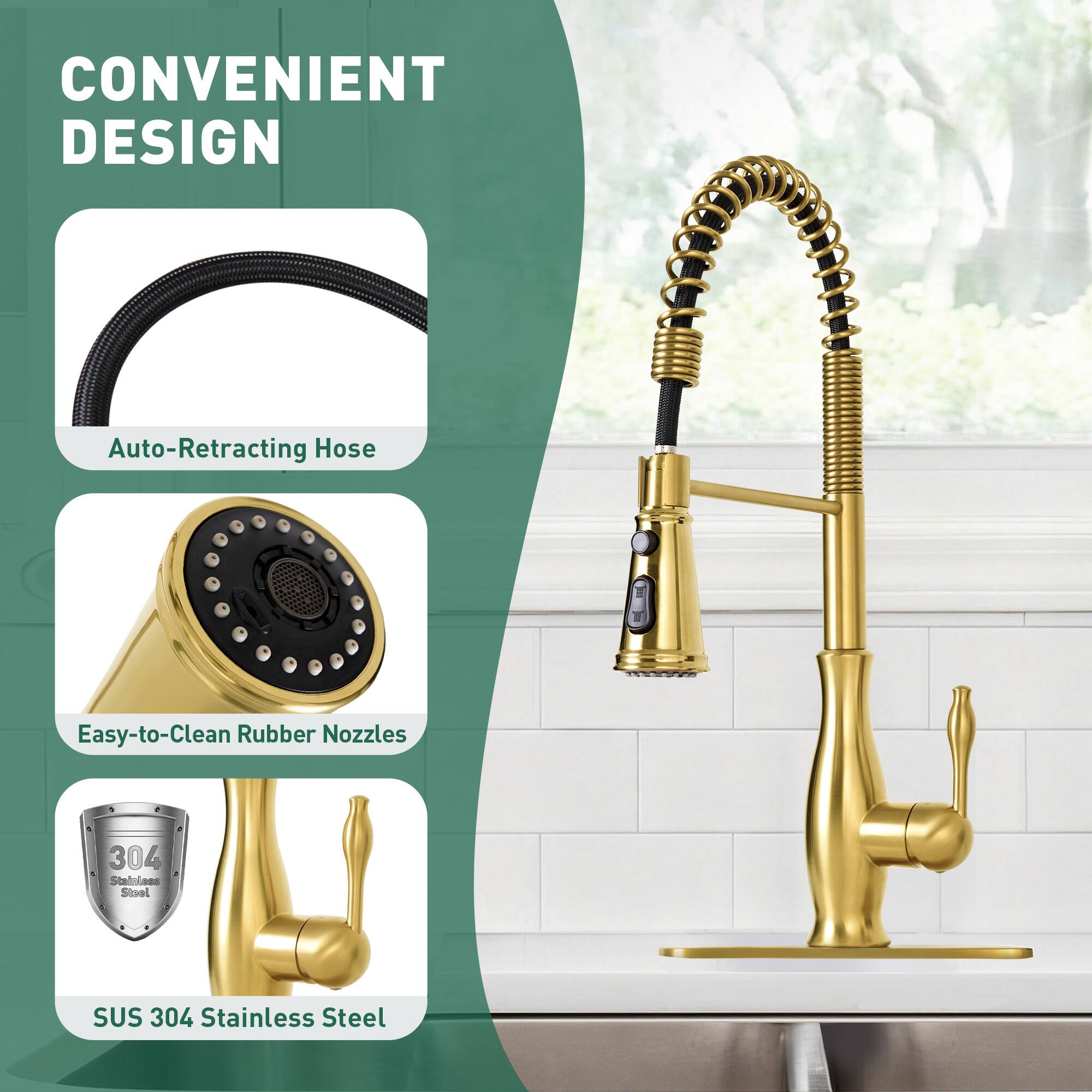 CONVENIENT DESIGN  
- Auto-Retracting Hose  
- Easy-to-Clean Rubber Nozzles  
- SUS 304 Stainless Steel