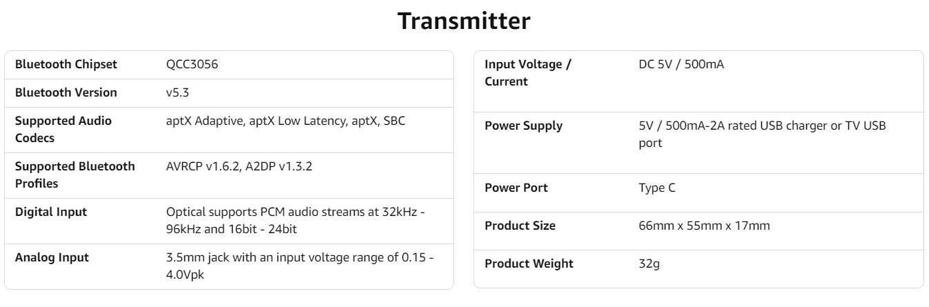 **Transmitter**

- **Bluetooth Chipset:** QCC3056
- **Bluetooth Version:** v5.3
- **Supported Audio Codecs:** aptX Adaptive, aptX Low Latency, aptX, SBC
- **Supported Bluetooth Profiles:** AVRCP v1.6.2, A2DP v1.3.2
- **Digital Input:** Optical supports PCM audio streams at 32kHz - 96kHz and 16bit - 24bit
- **Analog Input:** 3.5mm jack with an input voltage range of 0.15 - 4.0Vpk
- **Input Voltage / Current:** DC 5V / 500mA
- **Power Supply:** 5V / 500mA-2A rated USB charger or TV USB port
- **Power Port:** Type C
- **Product Size:** 66mm x 55mm x 17mm
- **Product Weight:** 32g