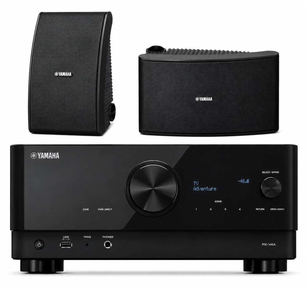 YAMAHA  
YAMAHA SELECT / ENTER  
TV Adventure  
-40.  
SCENE  
PURE DIRECT  
1 2 3 4  
RETURN MENU CONNECT  
USB  
YPAD  
PHONES  
RX-V4A