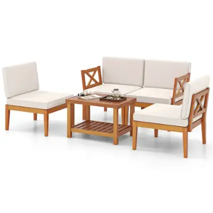 Costway 5 PCS Acacia Wood Patio Furniture Set with Cushions and 2-Tier Coffee Table - Off White,Natural