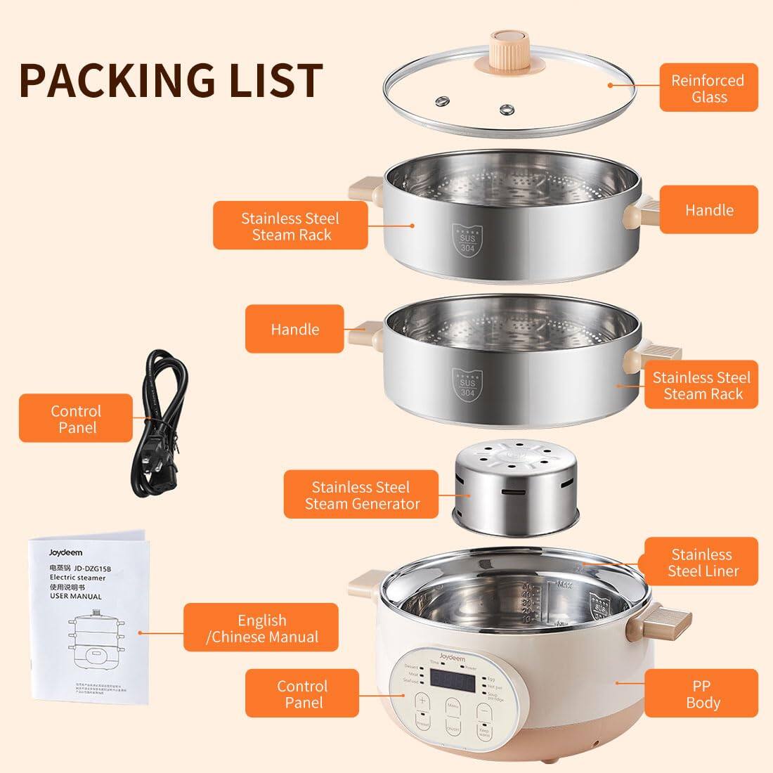 PACKING LIST

- Reinforced Glass
- Stainless Steel Steam Rack (SUS 304)
- Handle
- Control Panel
- Stainless Steel Steam Generator
- Stainless Steel Liner
- English / Chinese Manual
- PP Body