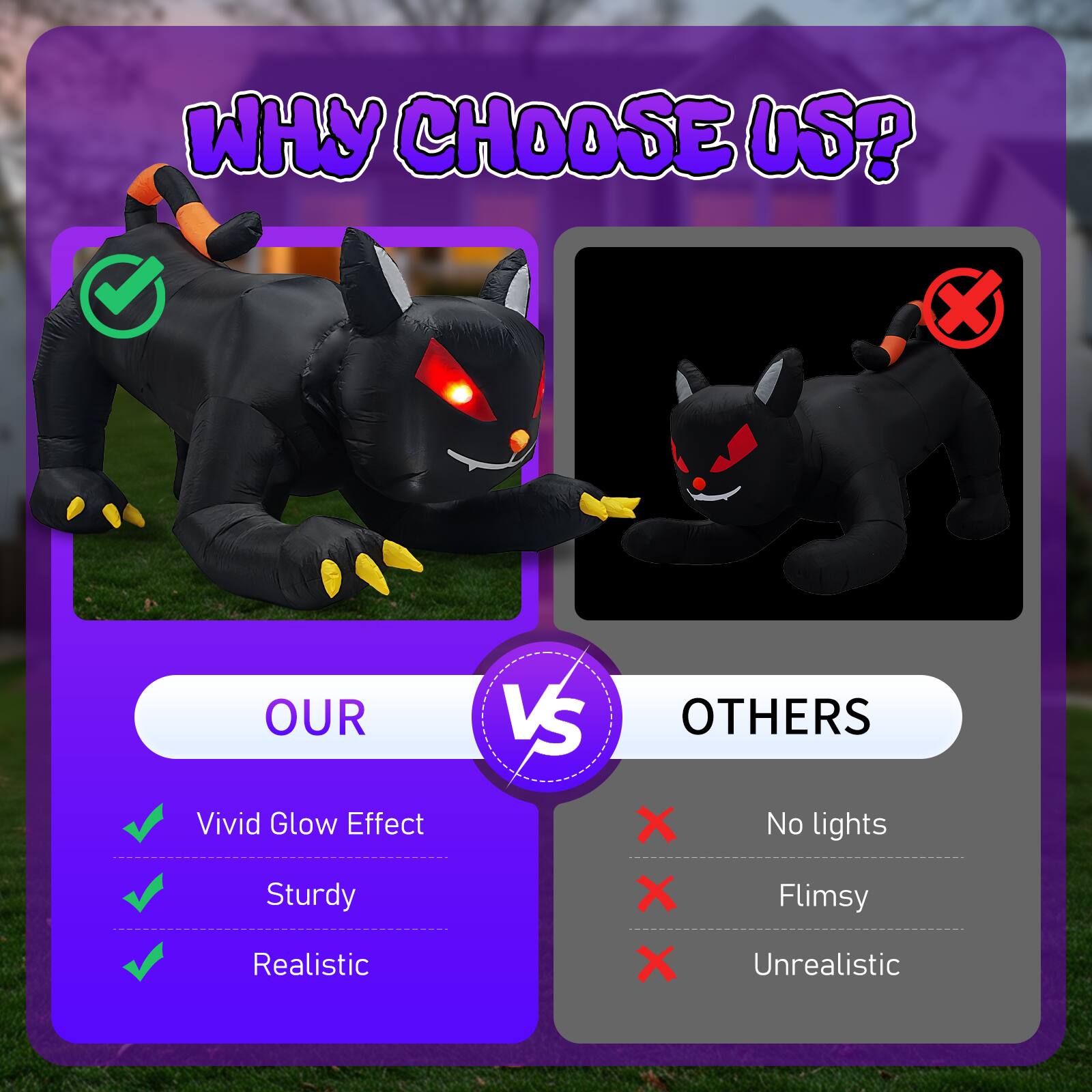 WHY CHOOSE US?

OUR
- Vivid Glow Effect
- Sturdy
- Realistic

VS

OTHERS
- No lights
- Flimsy
- Unrealistic