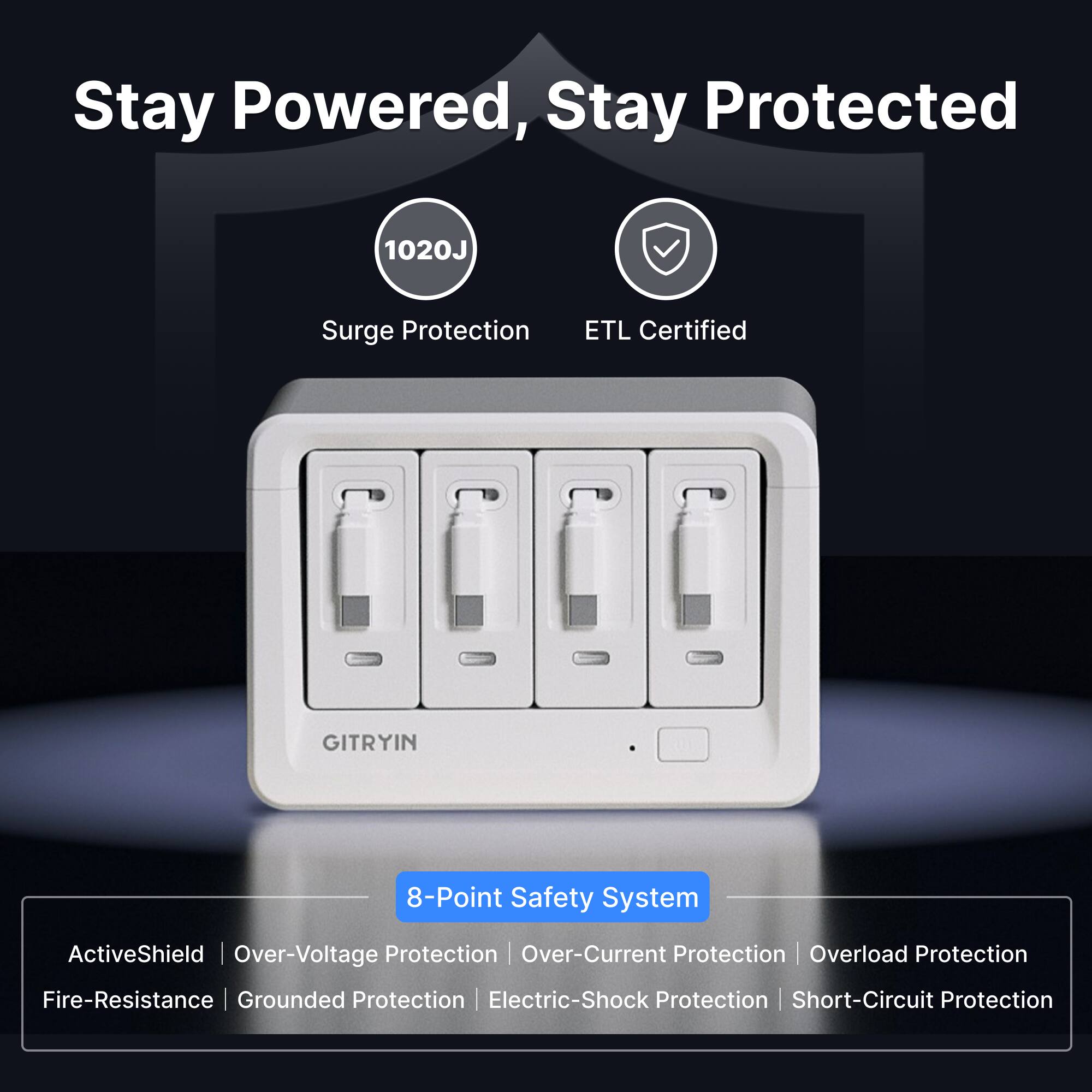 Stay Powered, Stay Protected

1020J Surge Protection
ETL Certified
GITRYIN
8-Point Safety System
ActiveShield
Over-Voltage Protection | Over-Current Protection | Overload Protection
Fire-Resistance | Grounded Protection | Electric-Shock Protection | Short-Circuit Protection