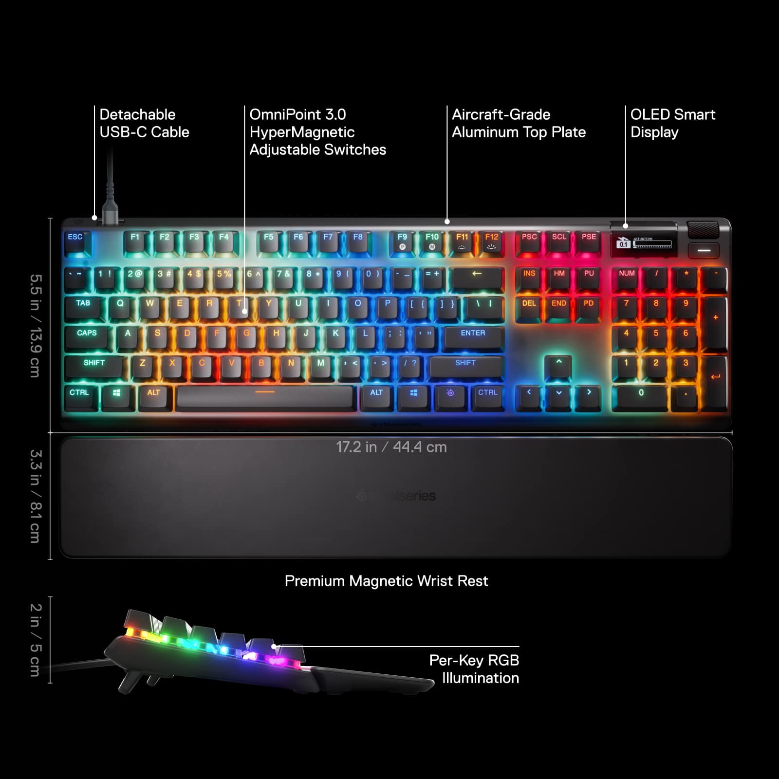 The image features a keyboard with a detachable USB-C cable, OmniPoint 3.0, and HyperMagnetic adjustable switches. The keyboard also has an aircraft-grade aluminum top plate and an OLED smart display. The keyboard is equipped with a wrist rest and per-key RGB illumination. The image provides a detailed view of the keyboard's features and layout, making it easy for users to understand and appreciate the product.