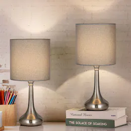 Oumilen - 2-Piece Table Lamp Set with Brushed Nickel Gourd Base and Light Gray Linen Shade