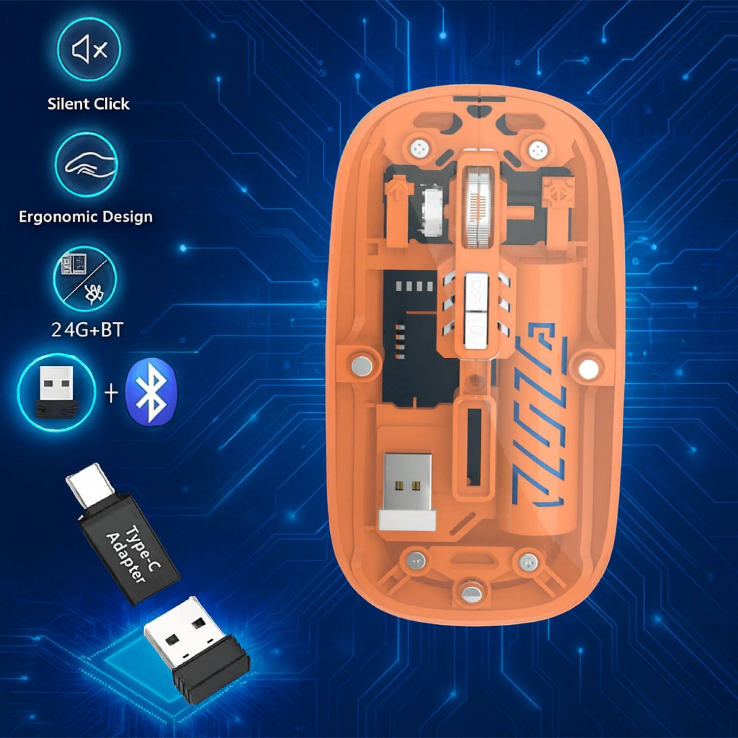 - Silent Click
- Ergonomic Design
- 2.4G + BT
- Adapter Type-C