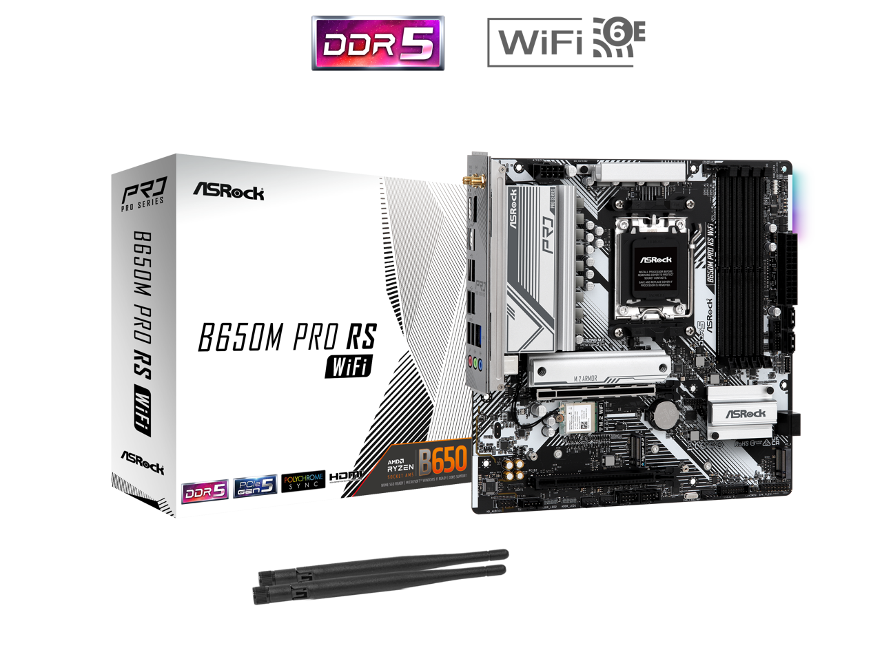 ASRock PRO SERIES  
B650M PRO RS WiFi  

DDR5  
PCIe 5.0  
POLYCHROME SYNC  

AMD Ryzen  
B650  

DDR5  
WIFI