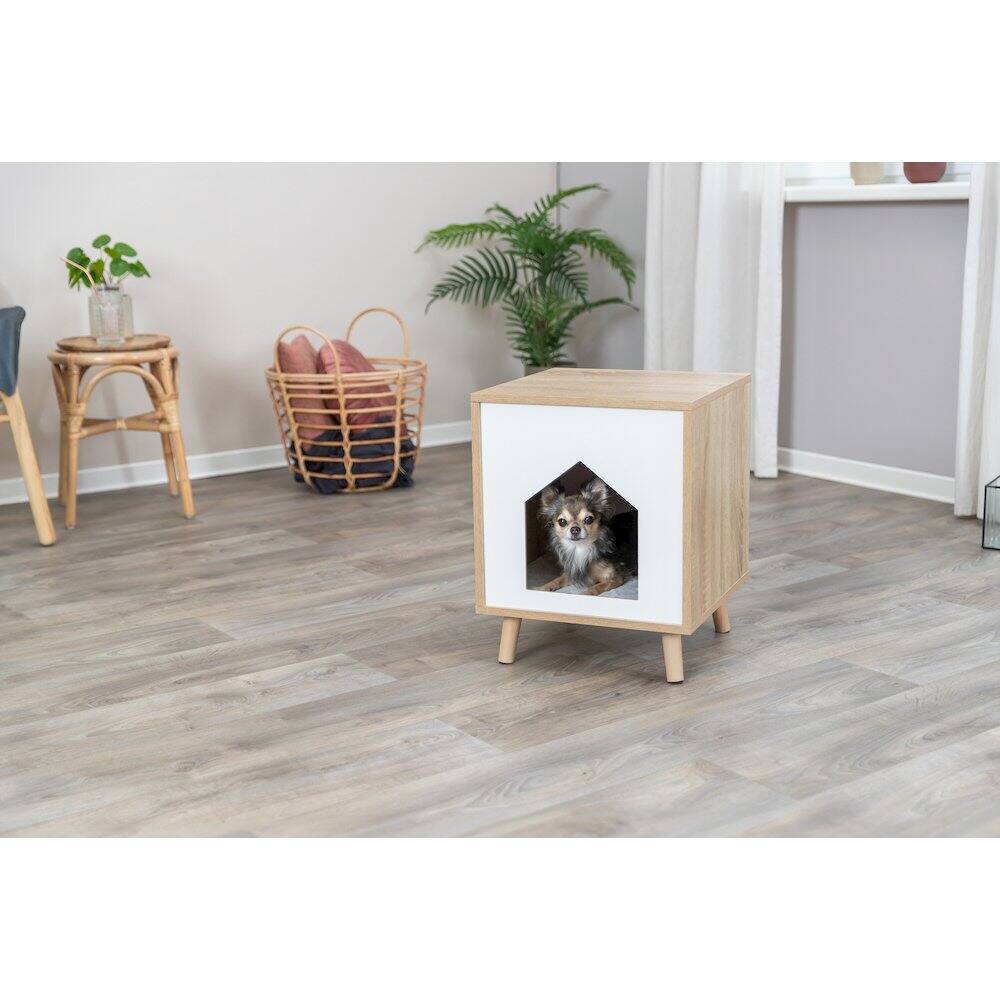 Angle. TRIXIE - Isa Indoor Wooden Cat Condo, Modern Cat Bed Side Table with Cozy Cushion - Natural.