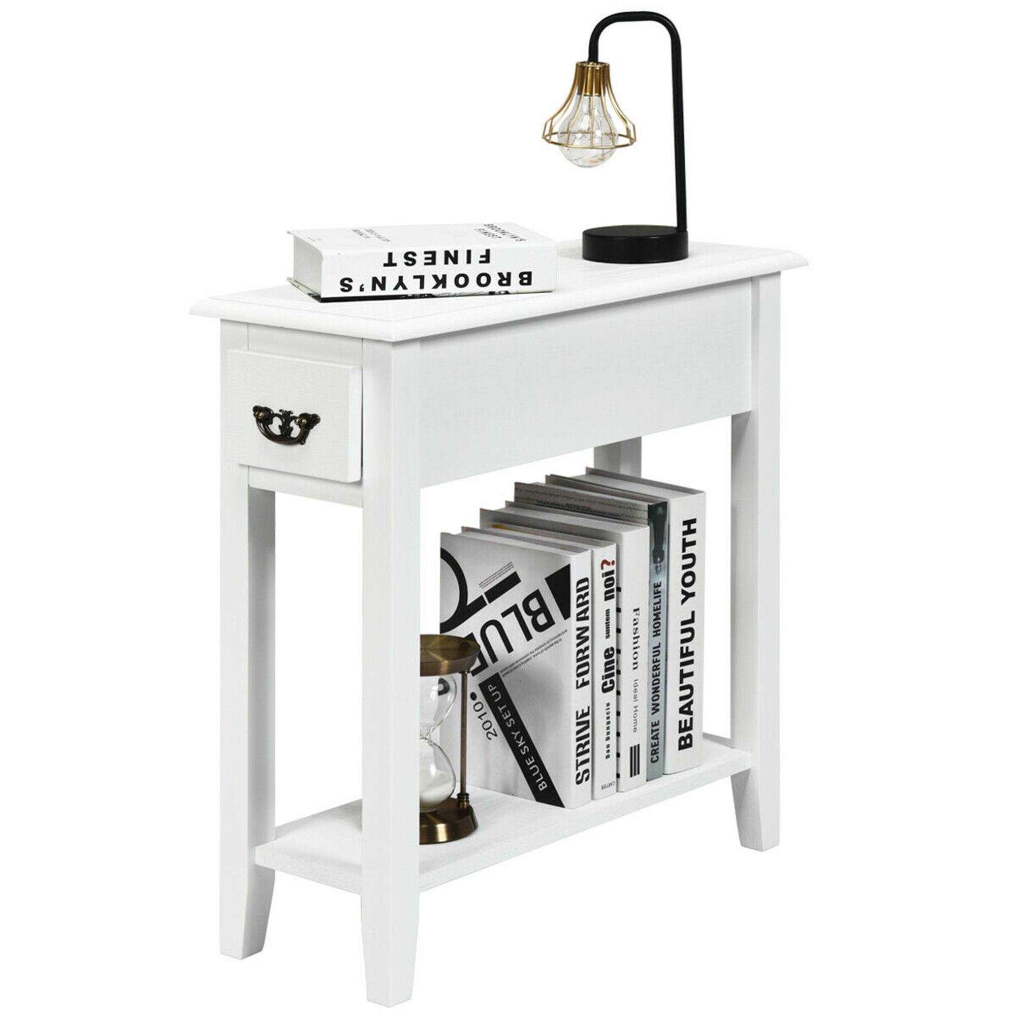 Costway - 2 Tier End Bedside Sofa Side Table Narrow Nightstand w/Drawer &Shelf - White