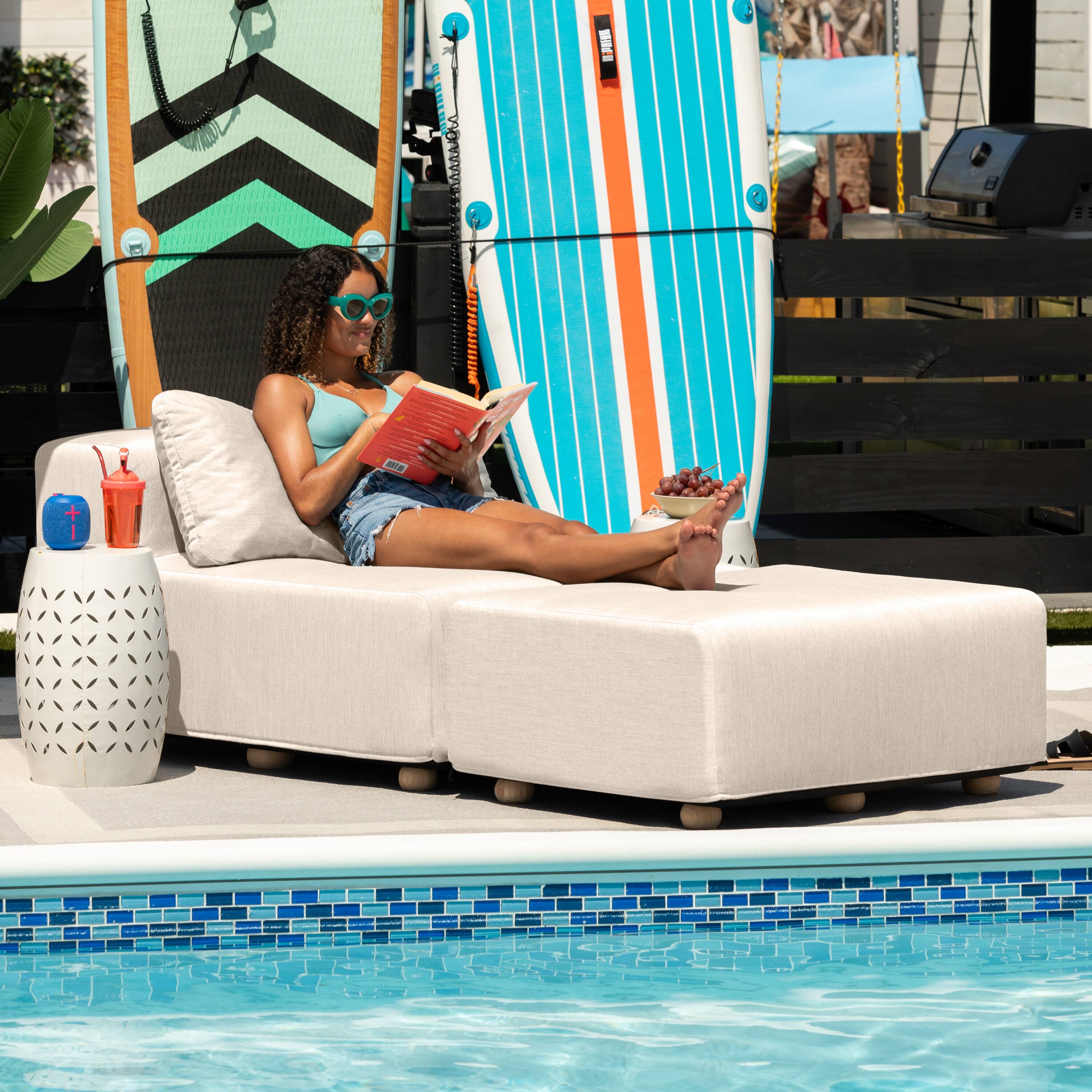 Left. Jaxx - Jaxx Vada Outdoor Sun Lounger Luxury Modular Chaise & Ottoman with Sunbrella Fabric & Waterproof Cover, Sunbrella Flax - Flax.