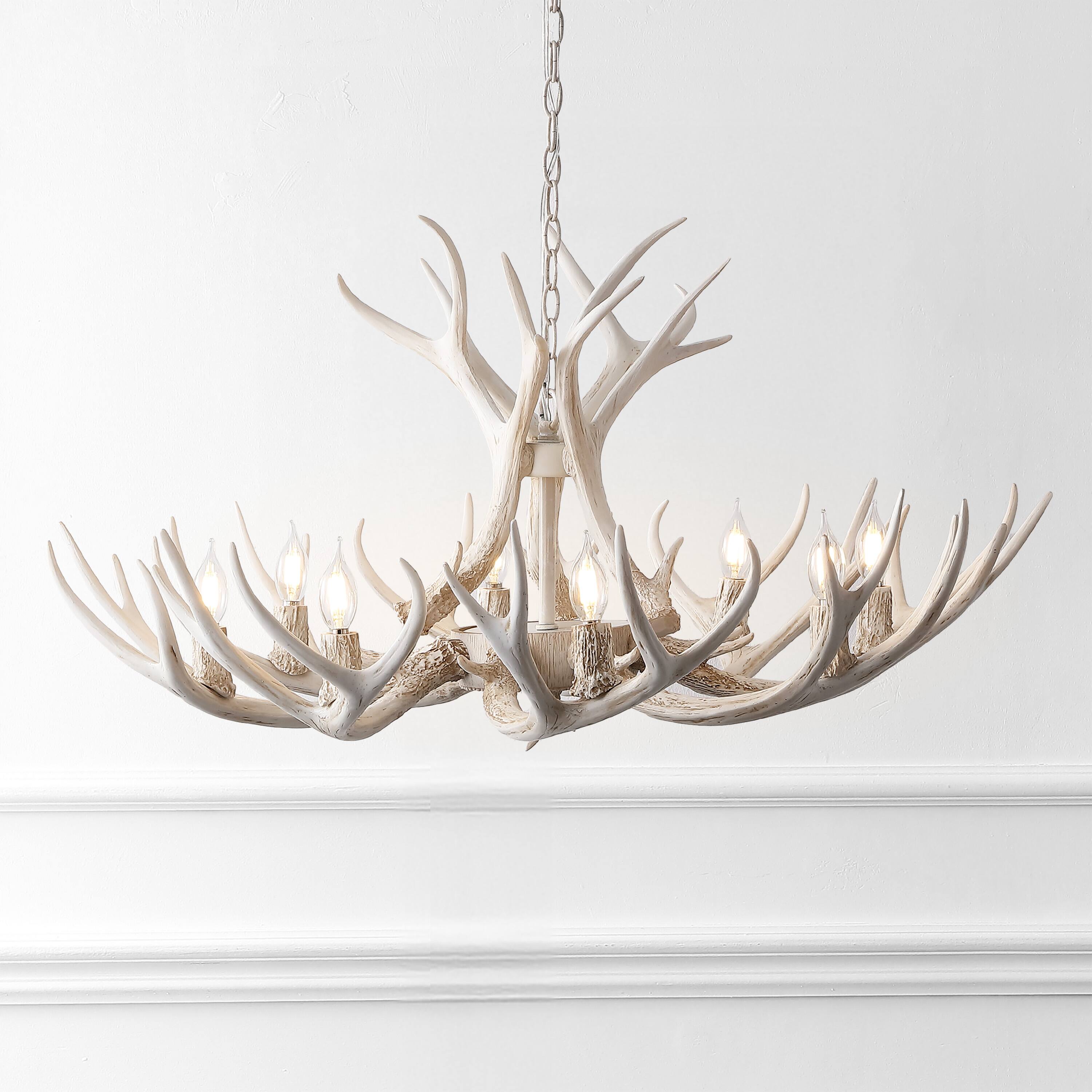 Alt View 1. Jonathan Y - Eldora 36" 8-Light Rustic Farmhouse Adjustable Resin Antler LED Chandelier, Beige - Beige.